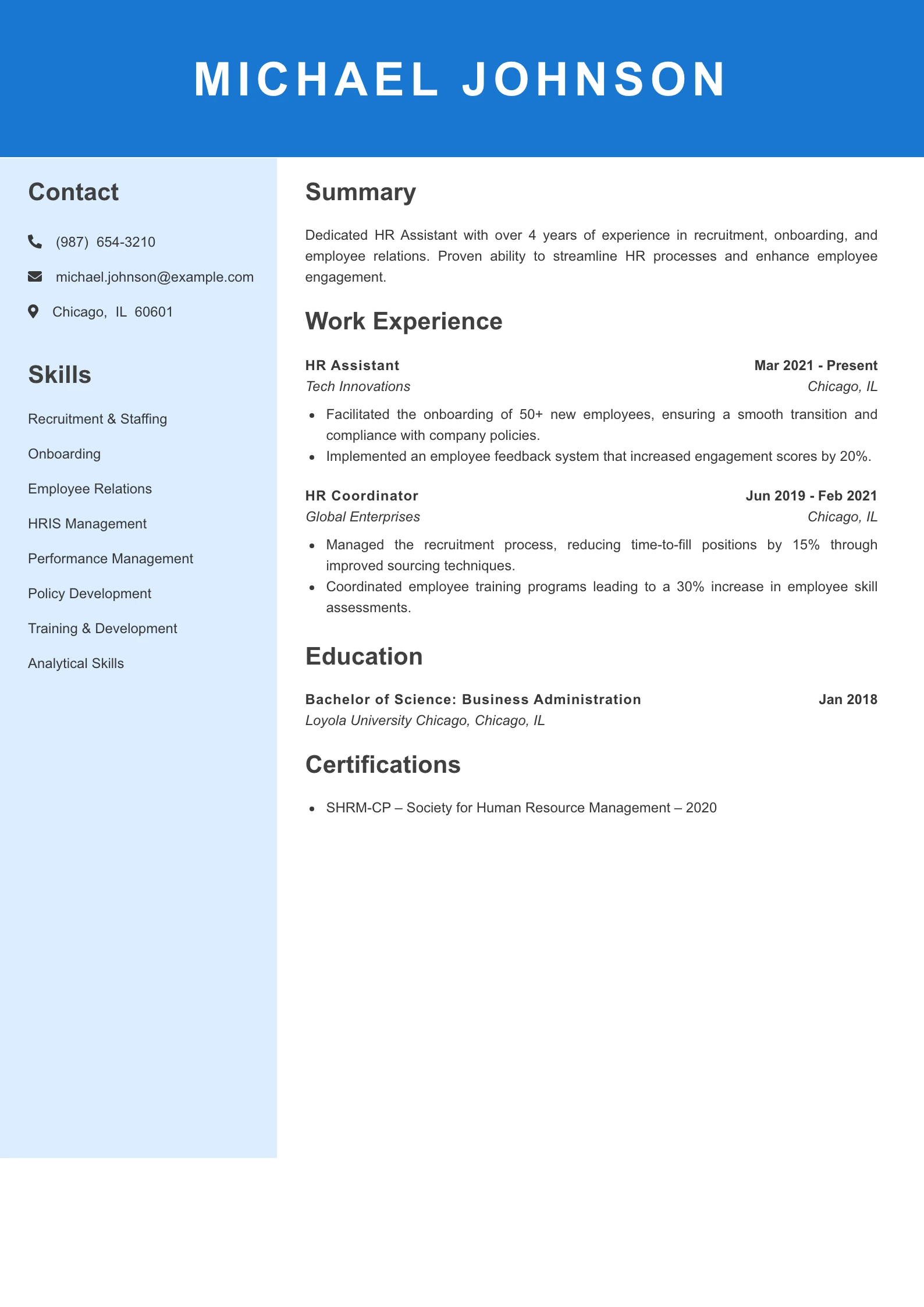 Mid Level HR Assistant Resume Example