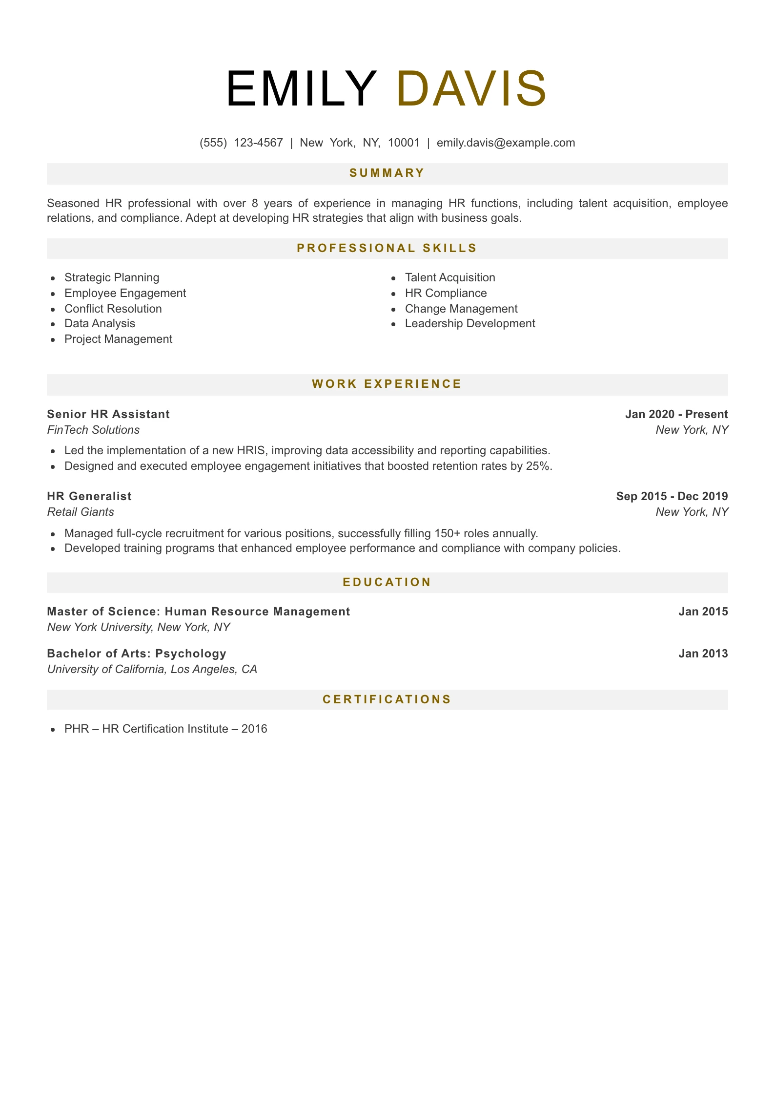 Senior Level HR Assistant Resume Example