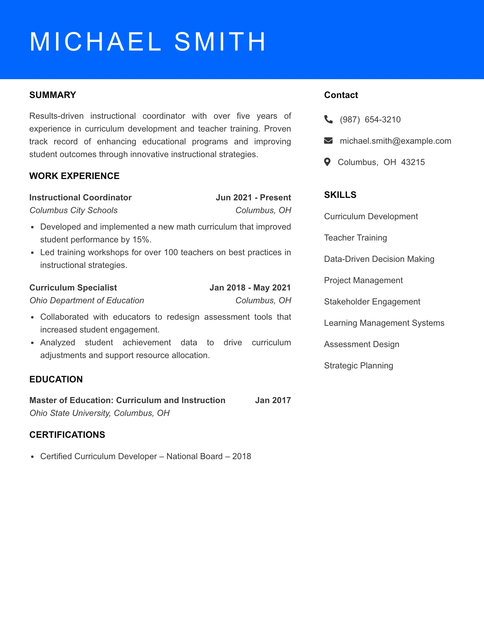 Mid Level Instructional Coordinator Resume Sample