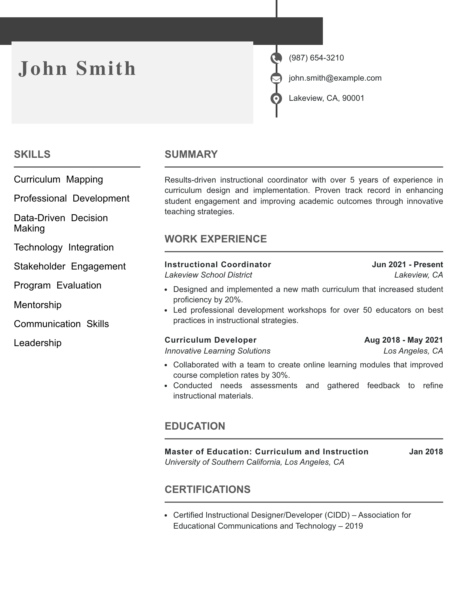 Mid Level Instructional Coordinator Resume Example