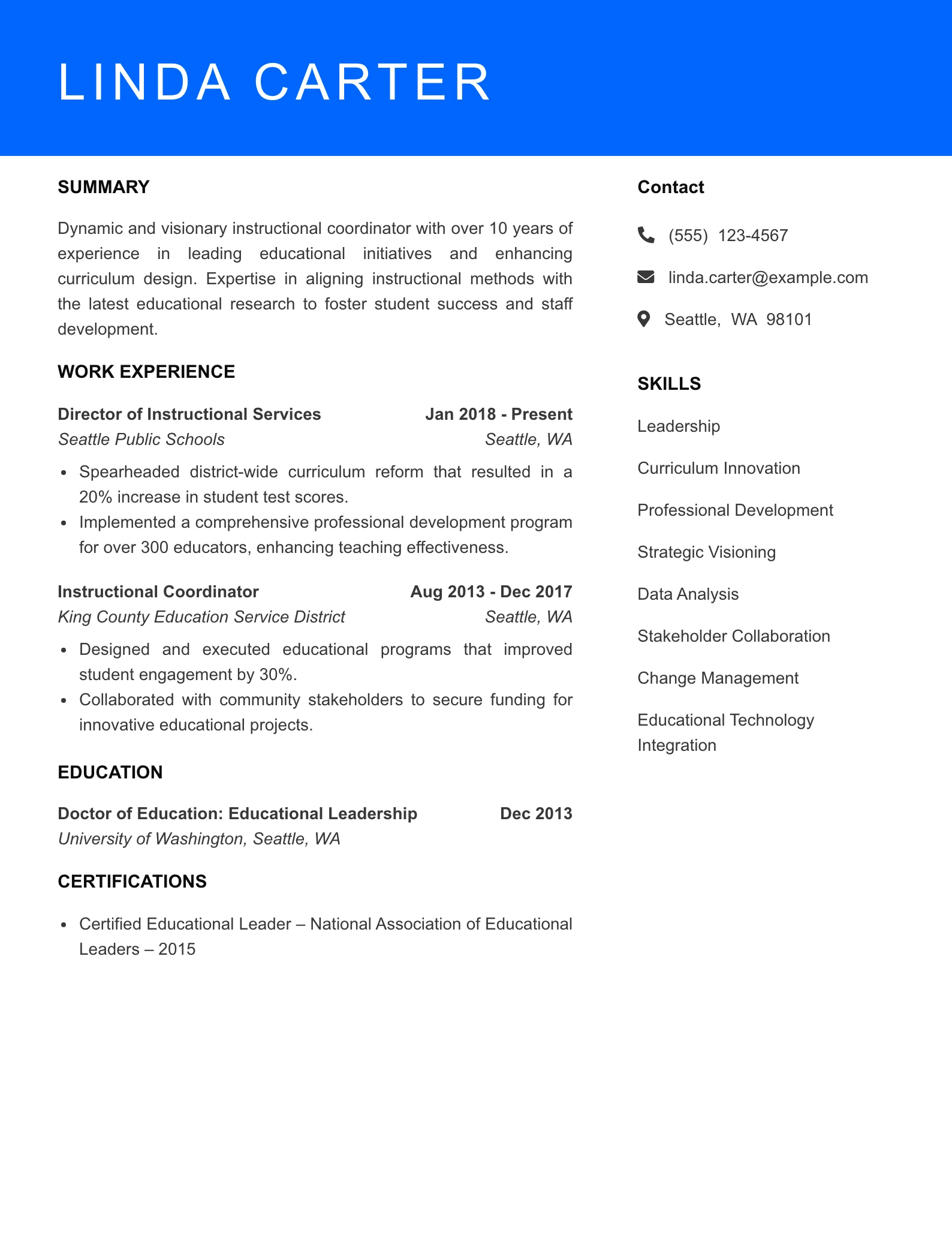 Senior Level Instructional Coordinator Resume Sample