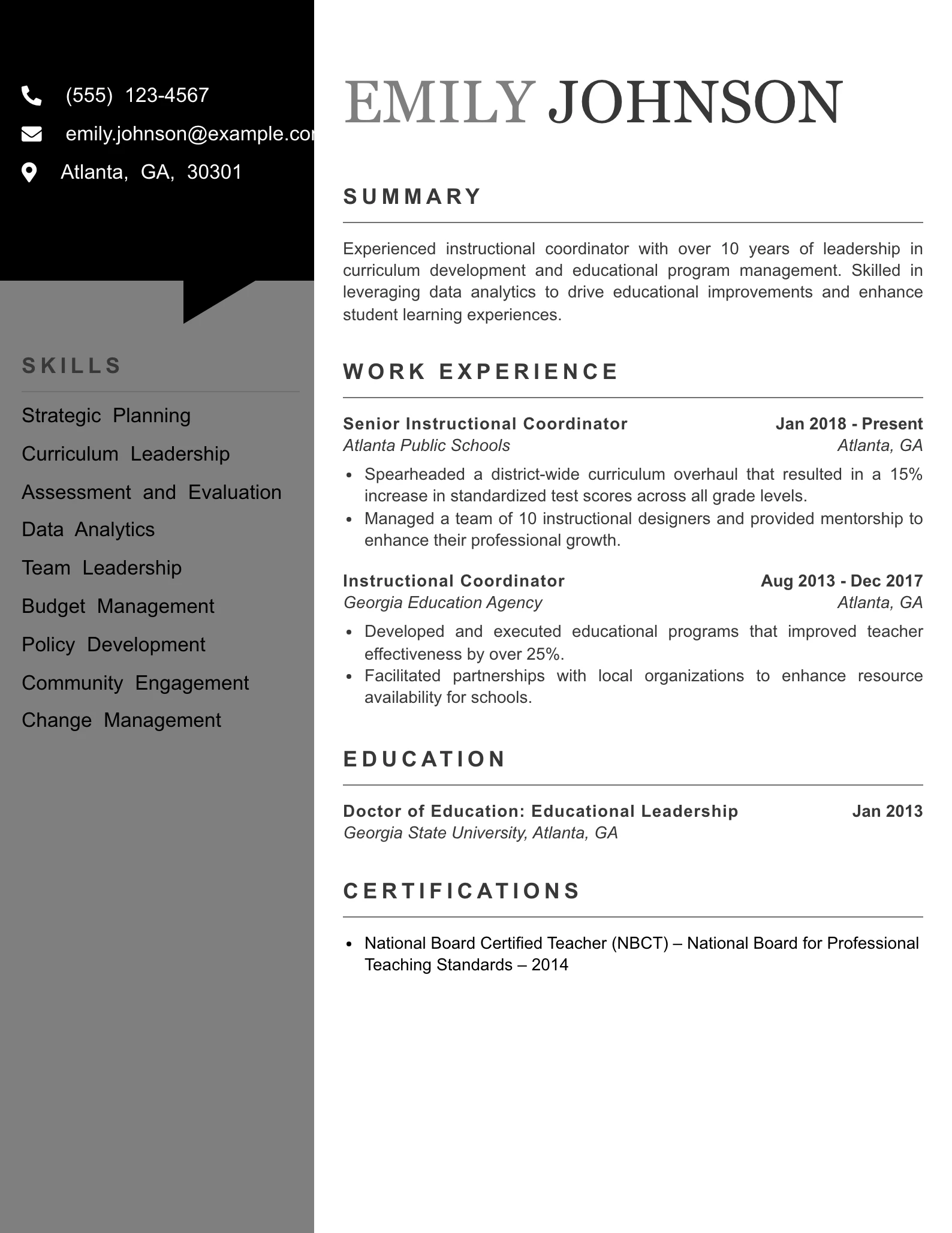 Senior Level Instructional Coordinator Resume Example