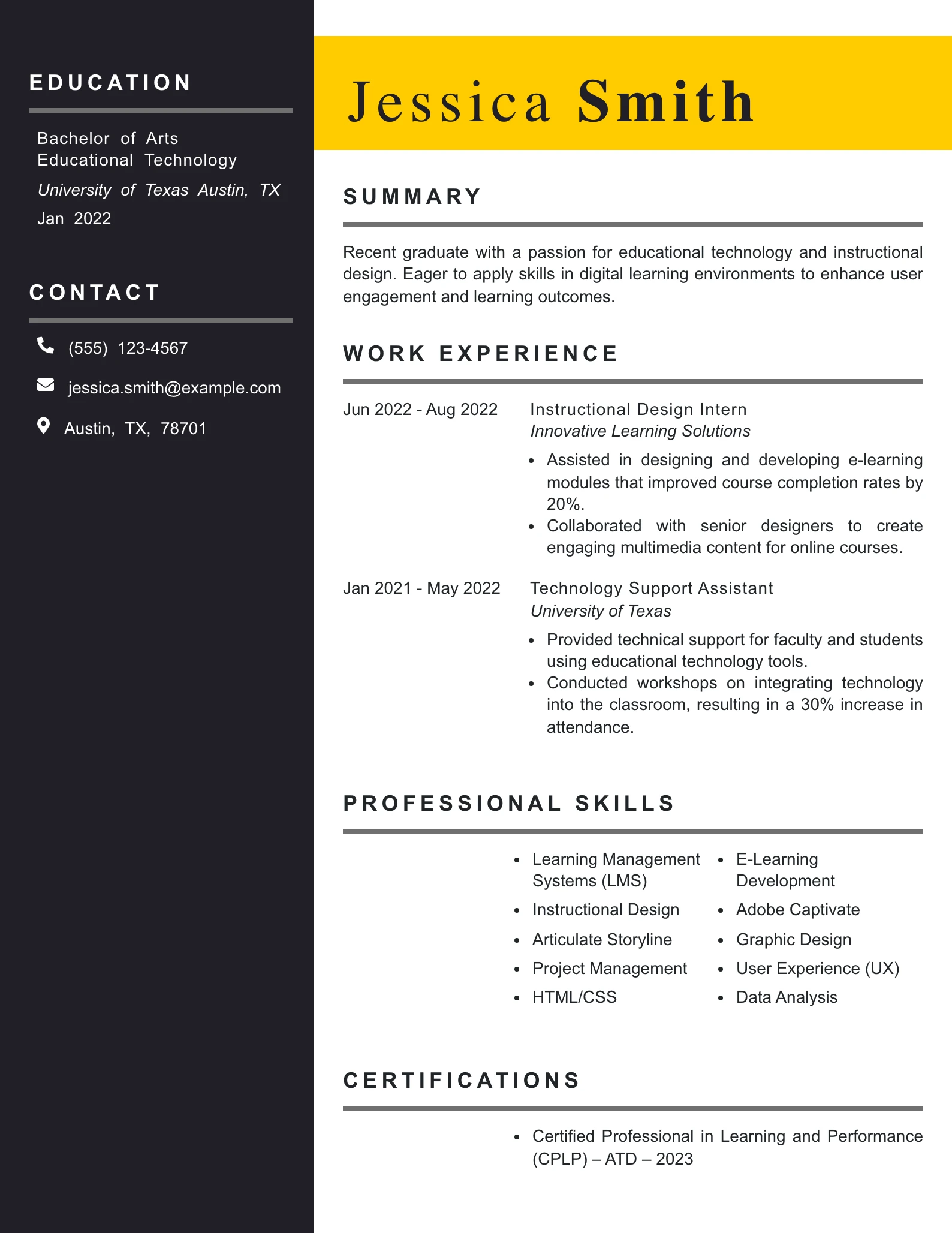 Entry Level Instructional Technologist Resume Example