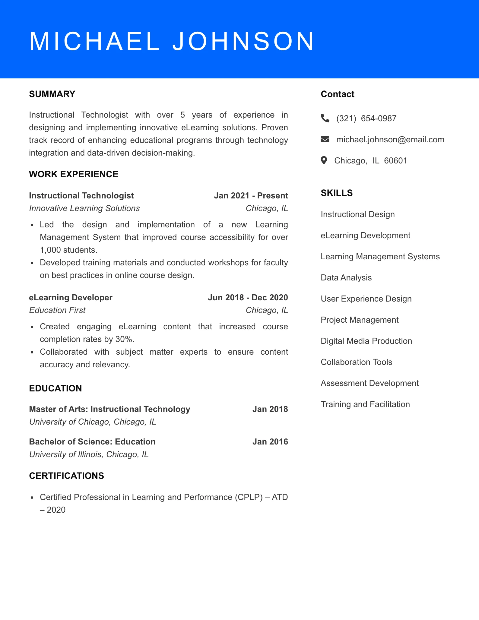 Mid Level Instructional Technologist Resume Sample