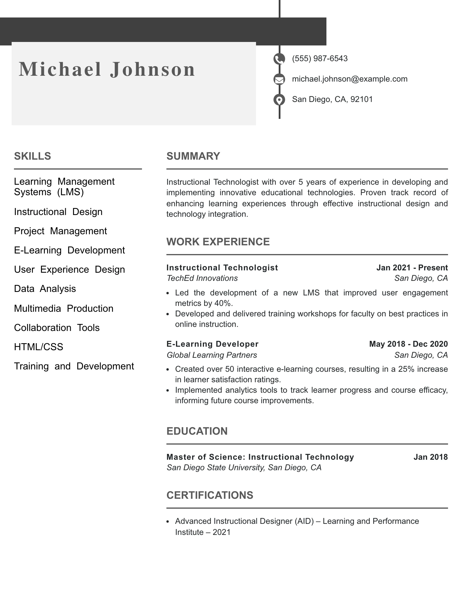 Mid Level Instructional Technologist Resume Example