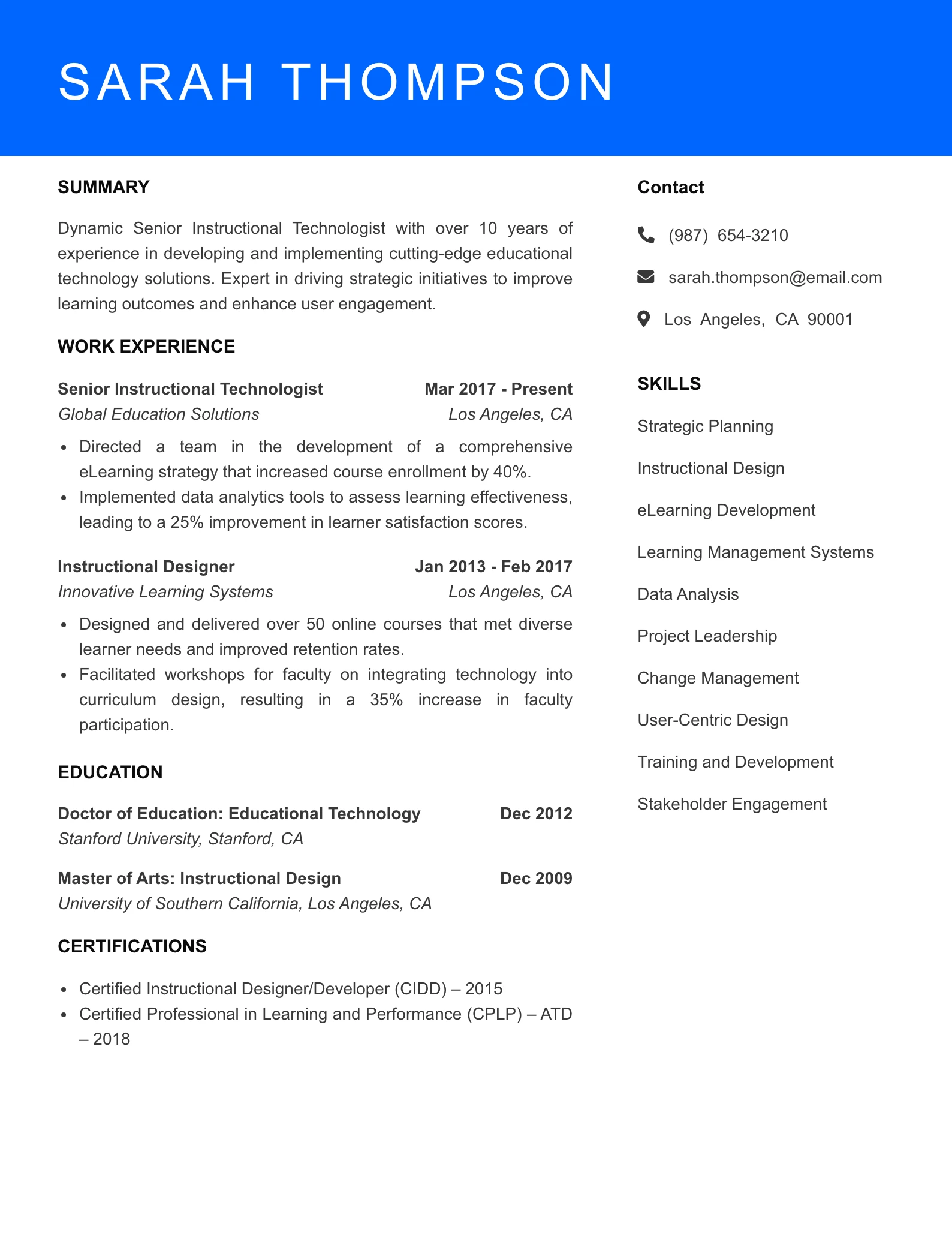 Senior Level Instructional Technologist Resume Sample