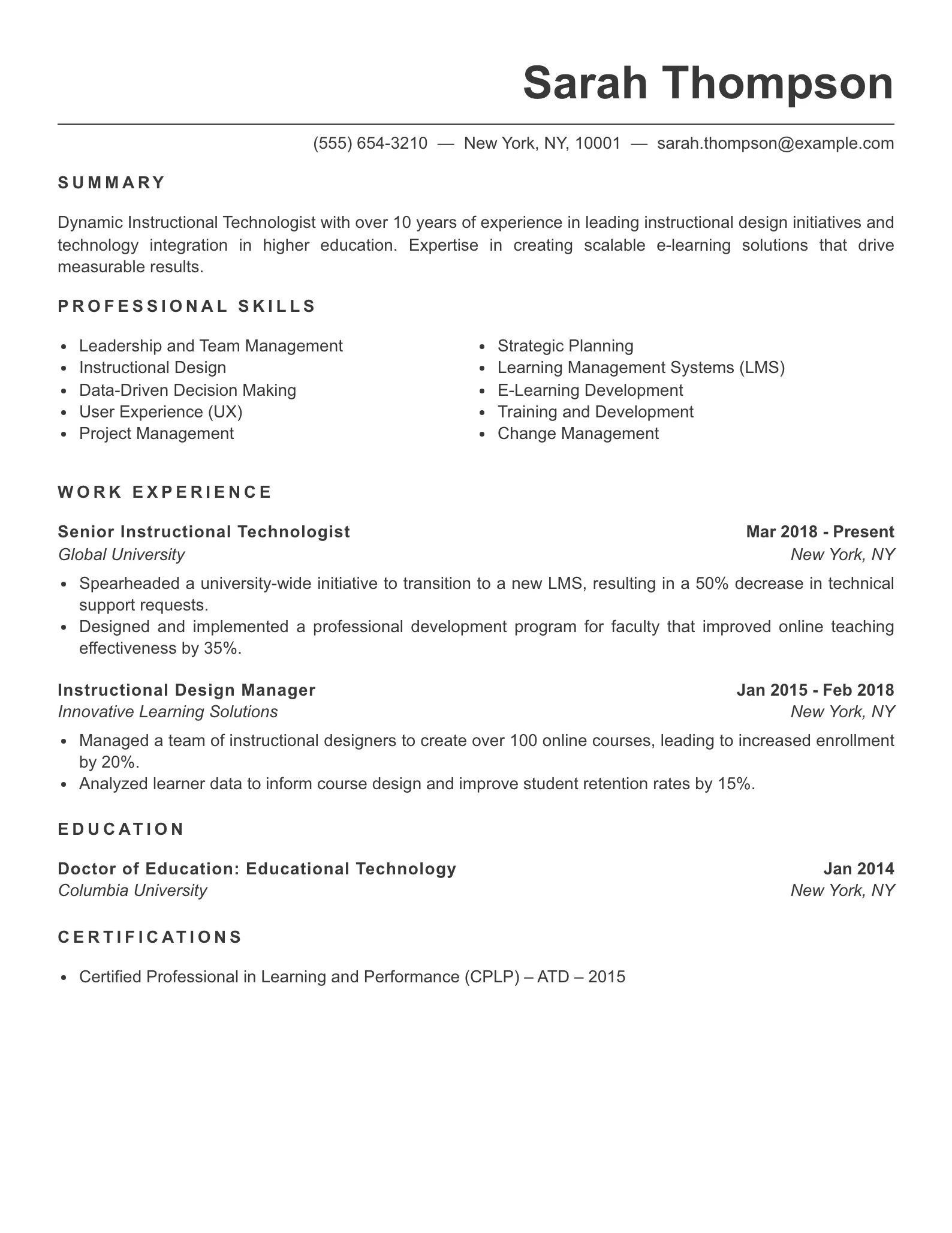 Senior Level Instructional Technologist Resume Example