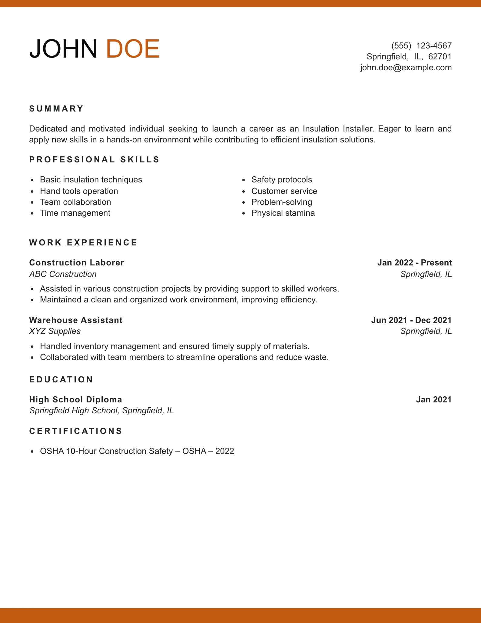 Entry Level Insulation Installer Resume Example
