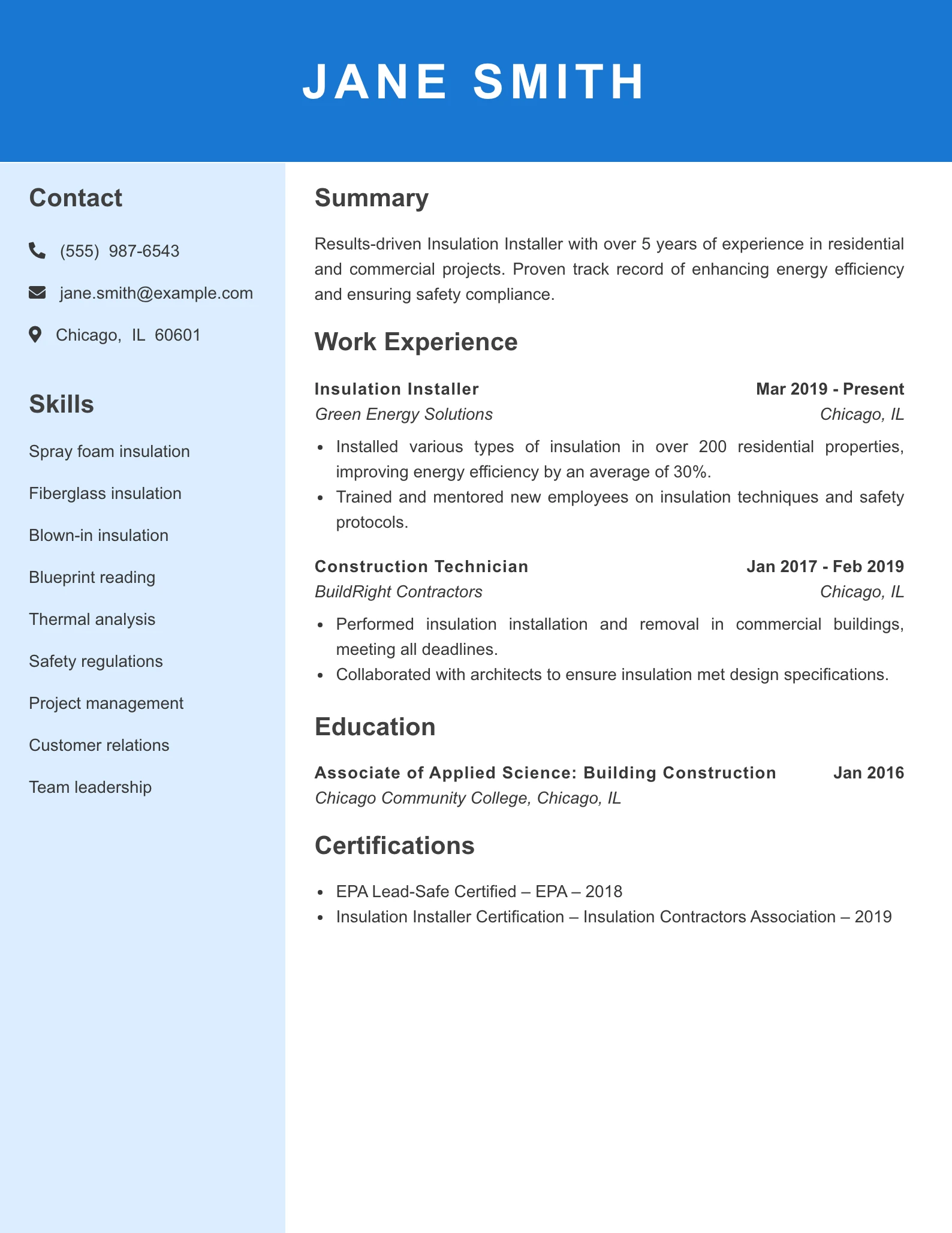 Mid Level Insulation Installer Resume Example