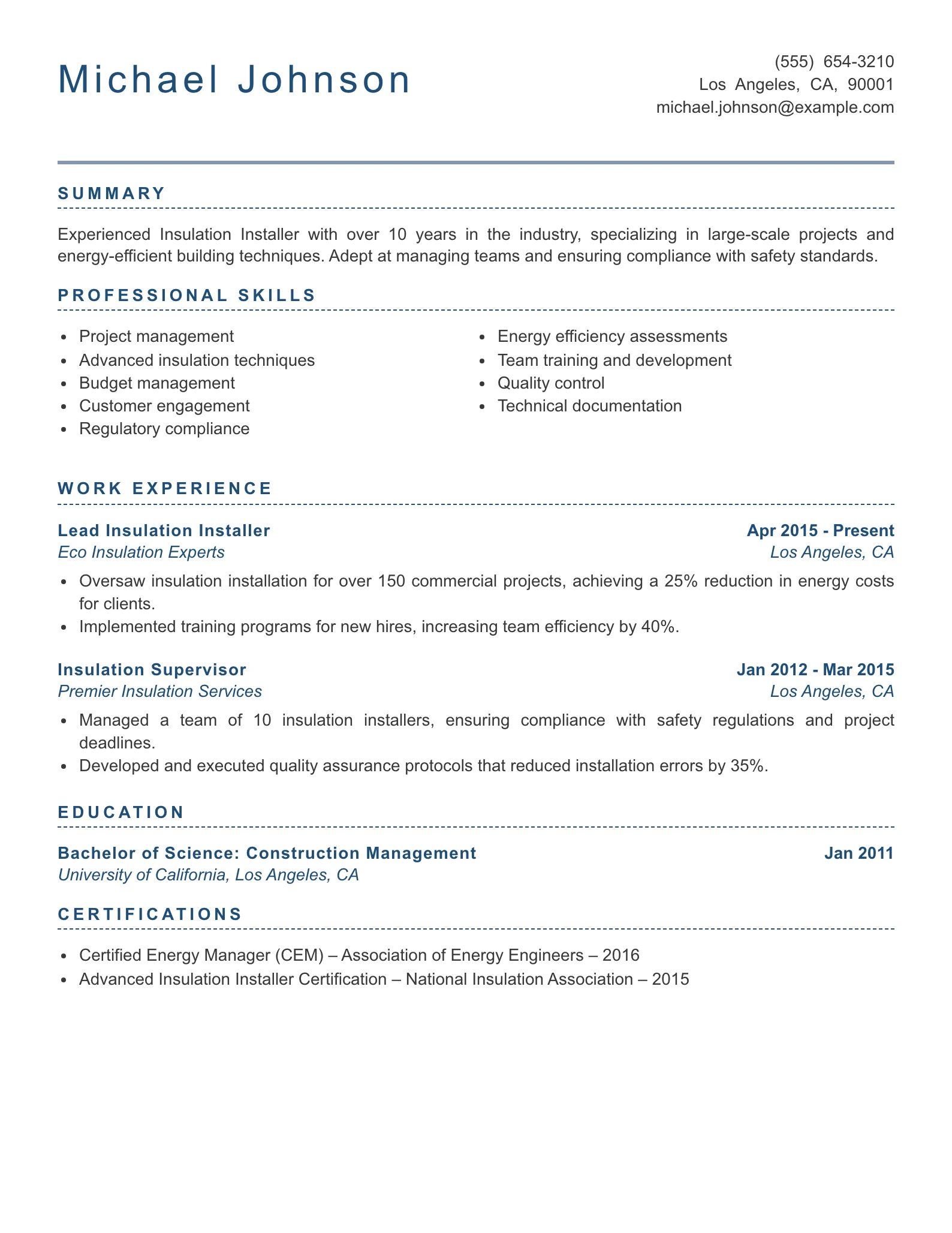 Senior Level Insulation Installer Resume Example