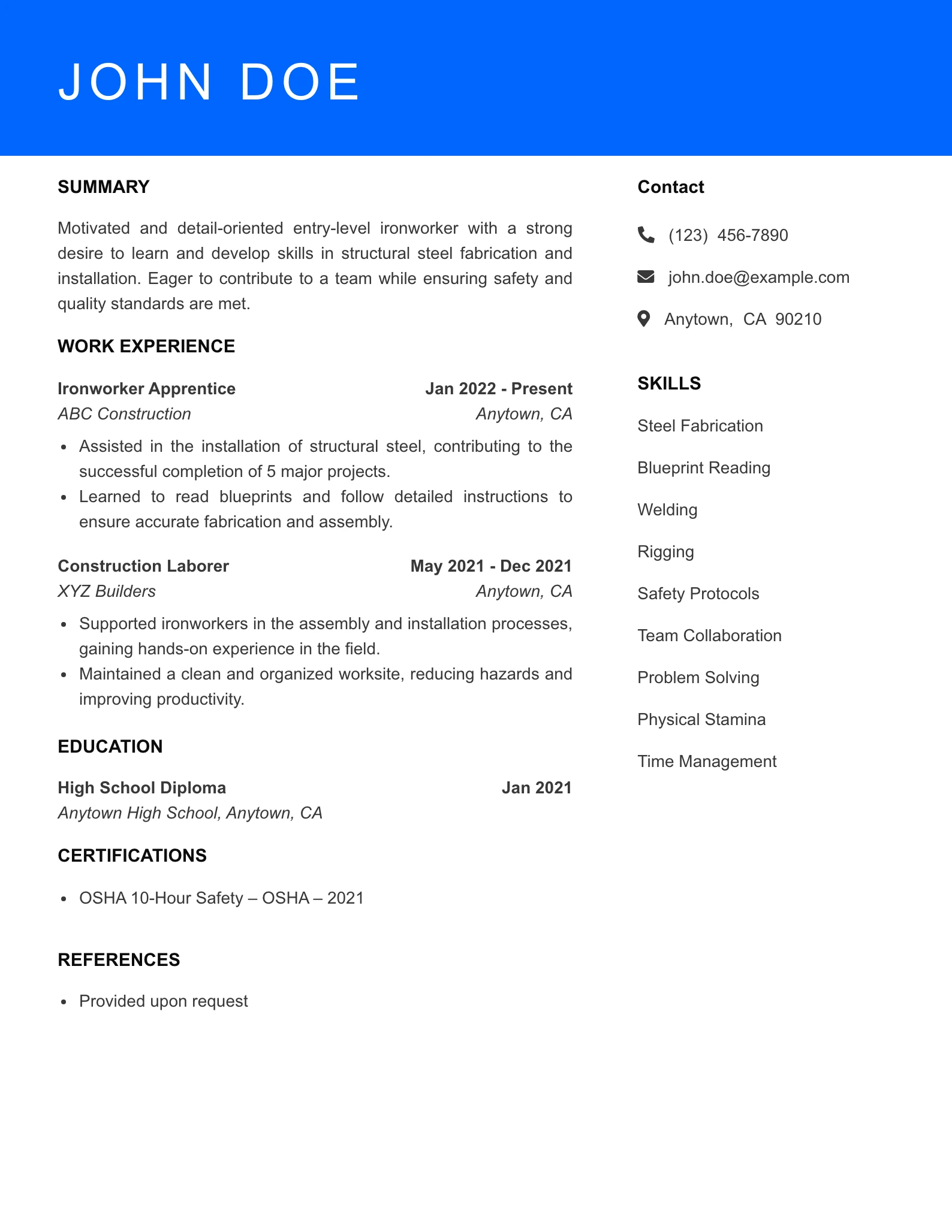 Selected Ironworker Resume