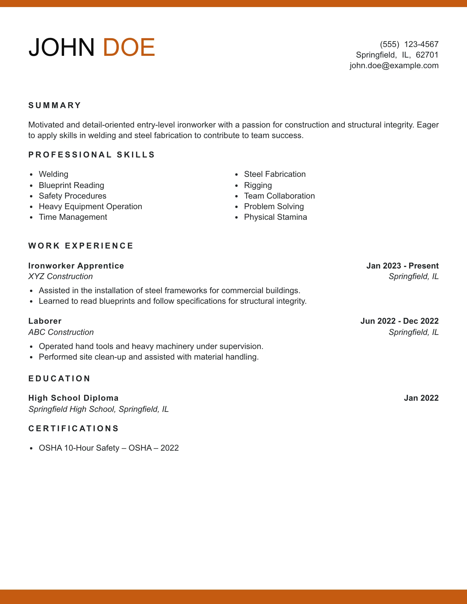 Entry Level Ironworker Resume Example