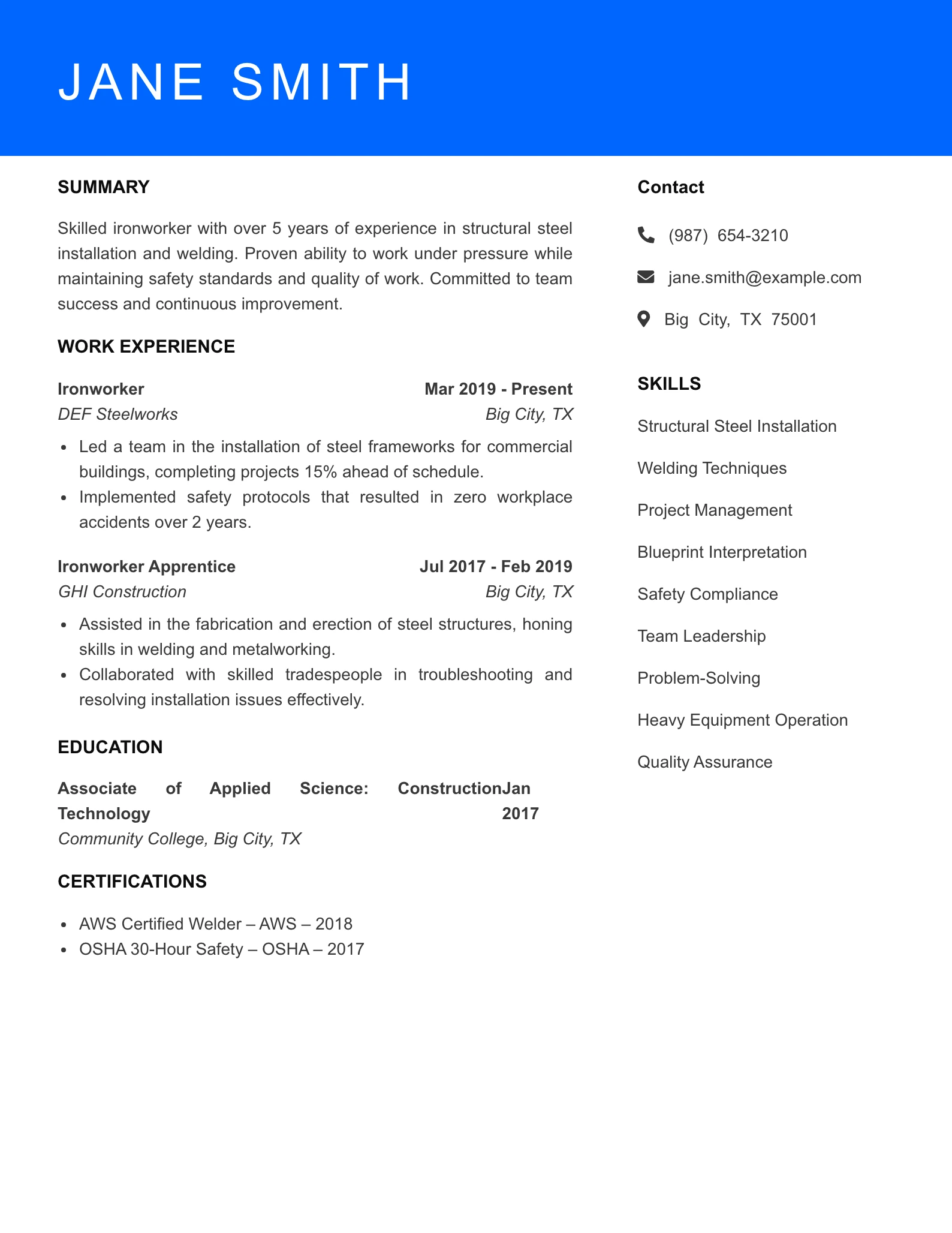Mid Level Ironworker Resume Sample