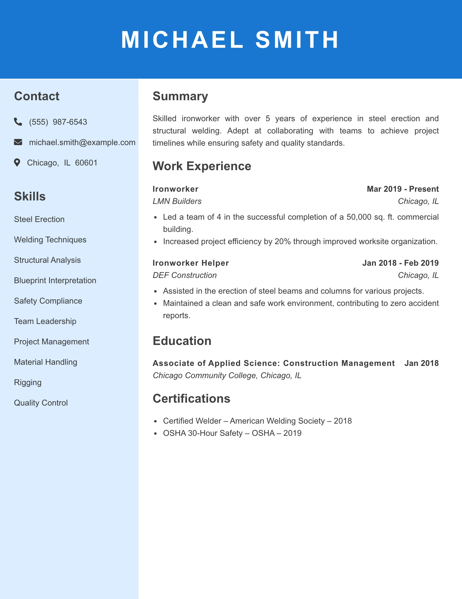 Mid Level Ironworker Resume Example