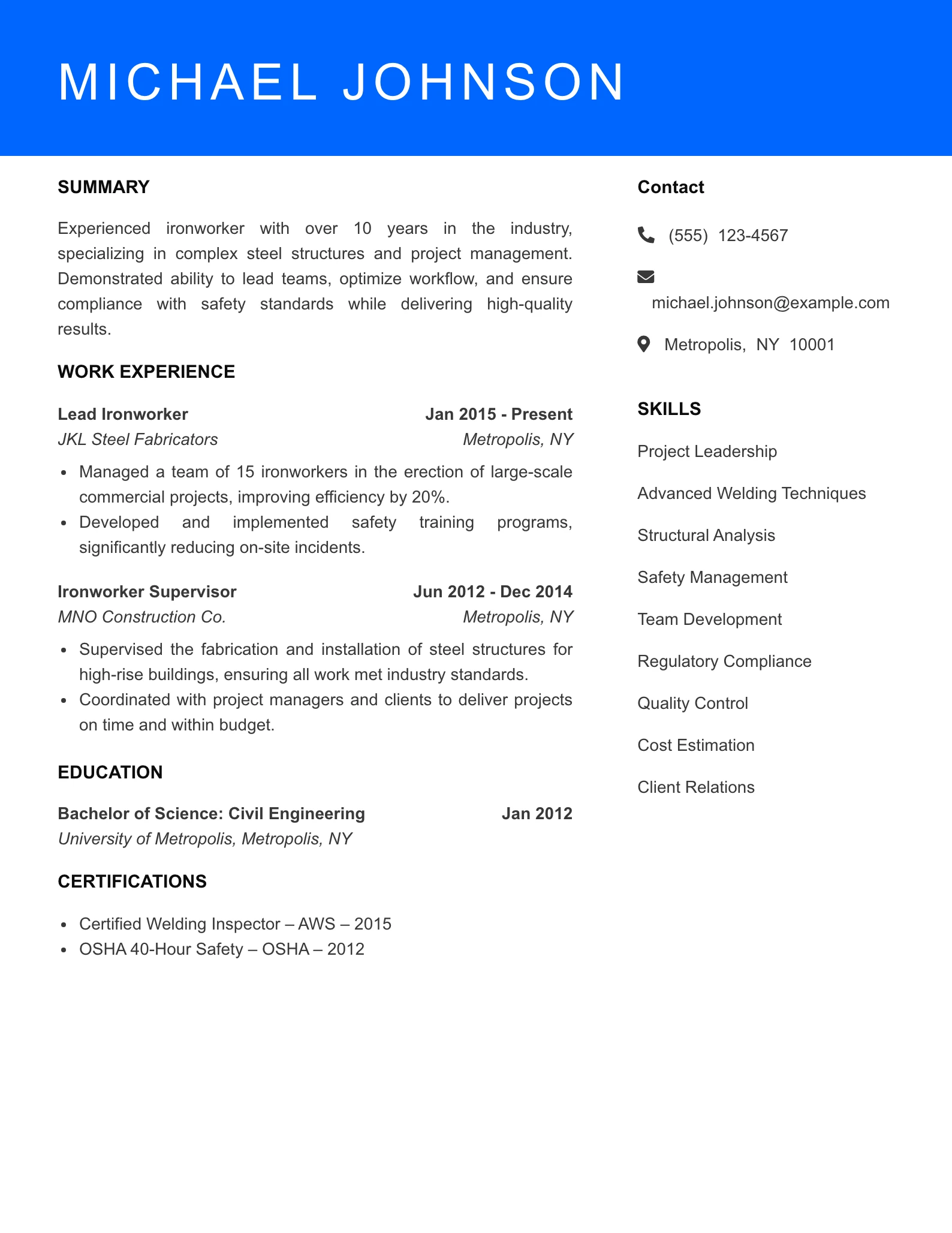 Senior Level Ironworker Resume Sample