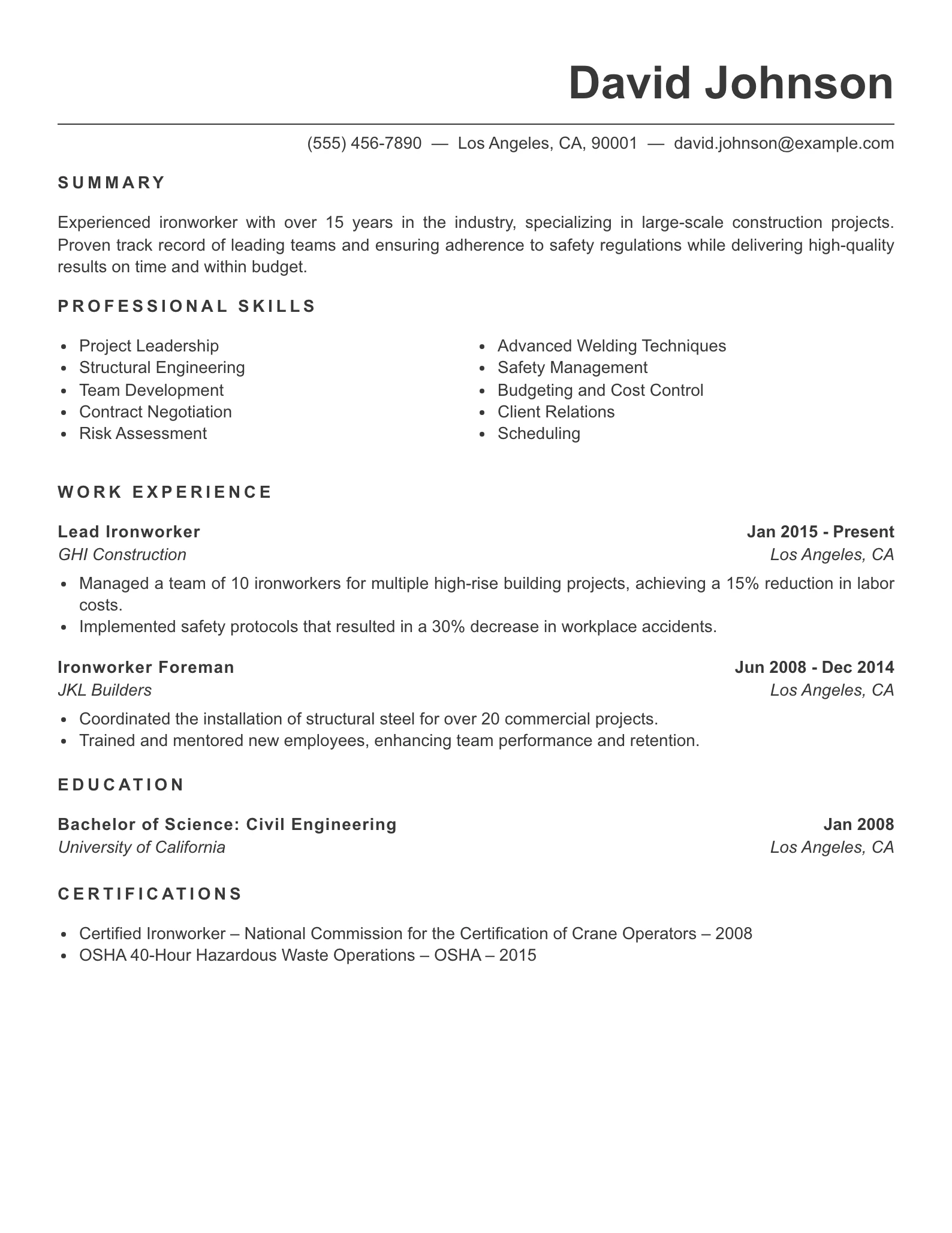 Senior Level Ironworker Resume Example
