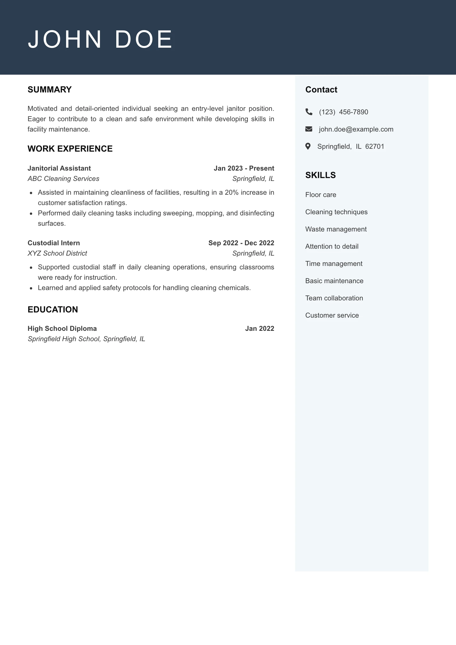 Entry Level Janitor Resume Example