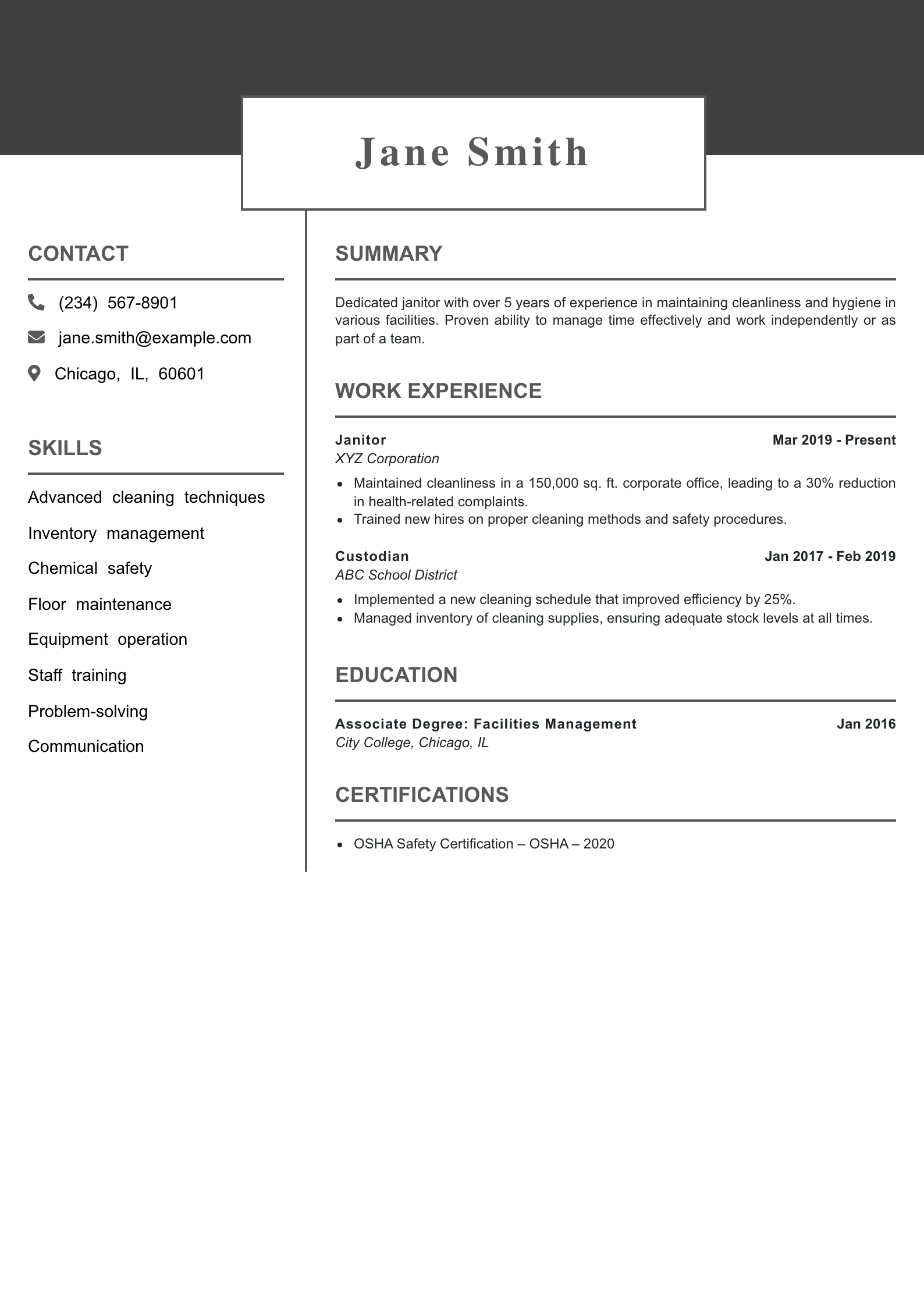 Mid Level Janitor Resume Example