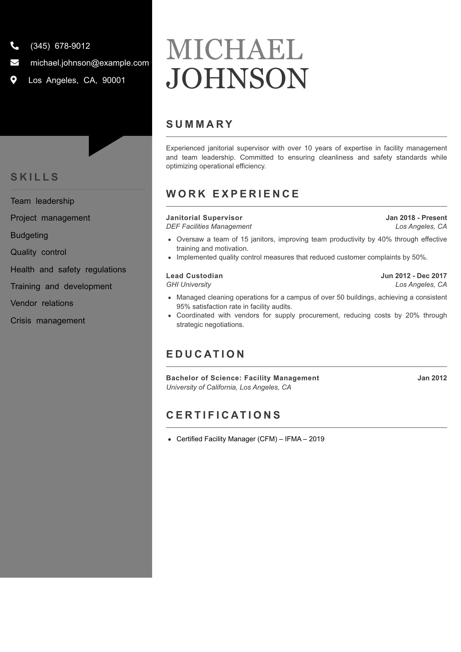 Senior Level Janitor Resume Example