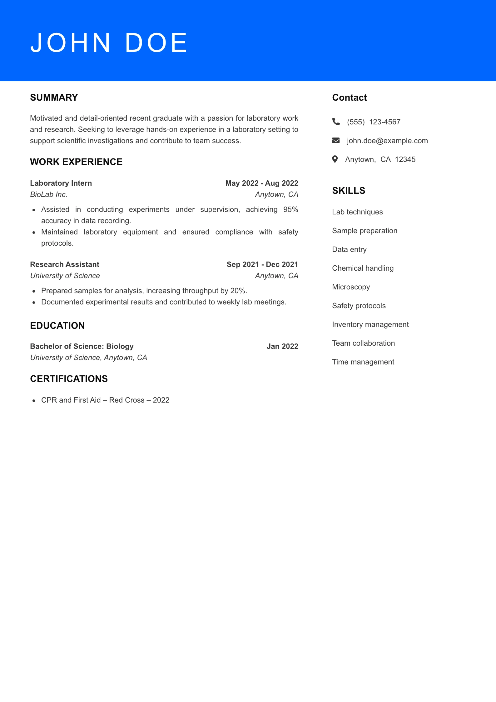 Selected Lab Assistant Resume