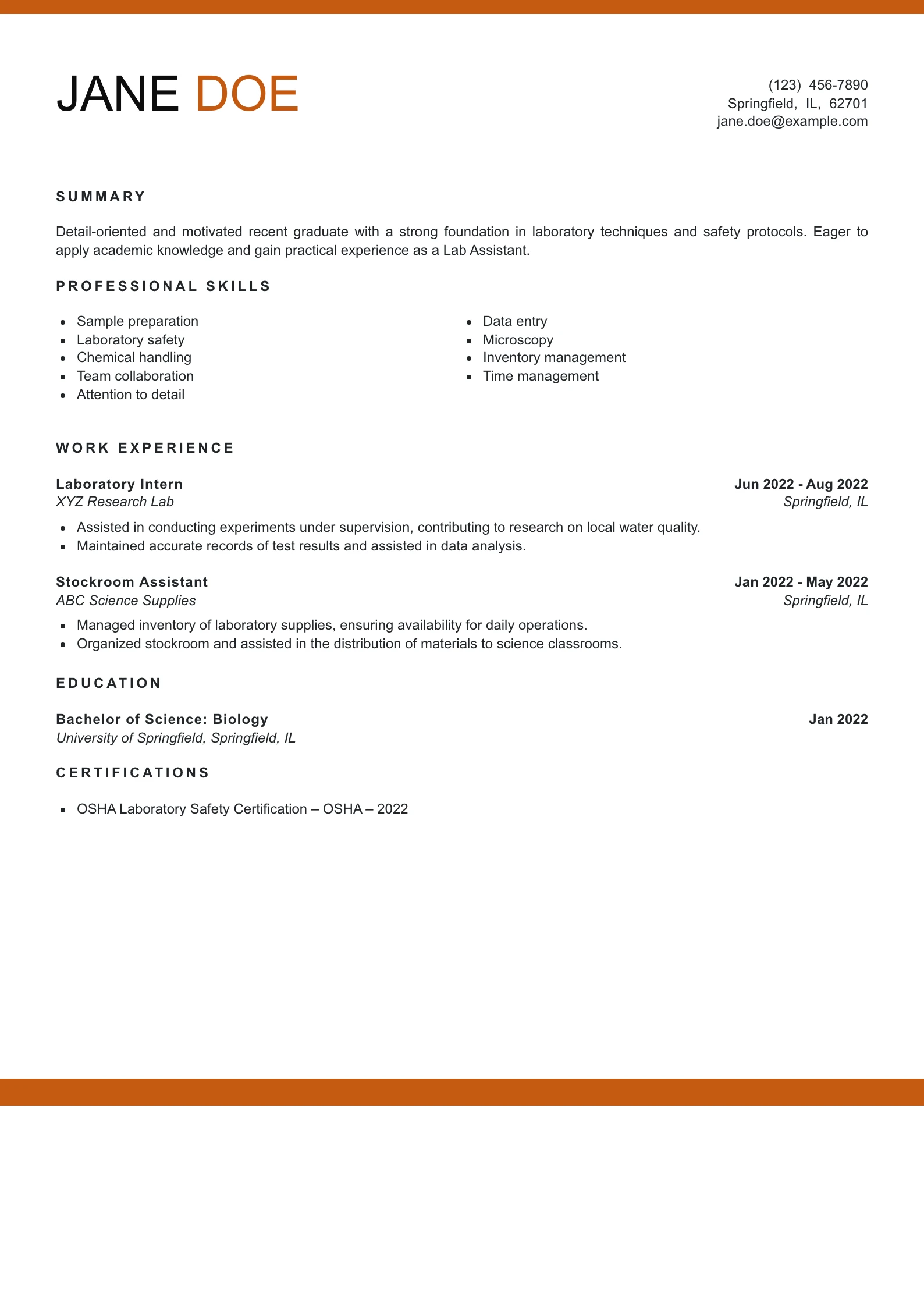 Entry Level Lab Assistant Resume Example