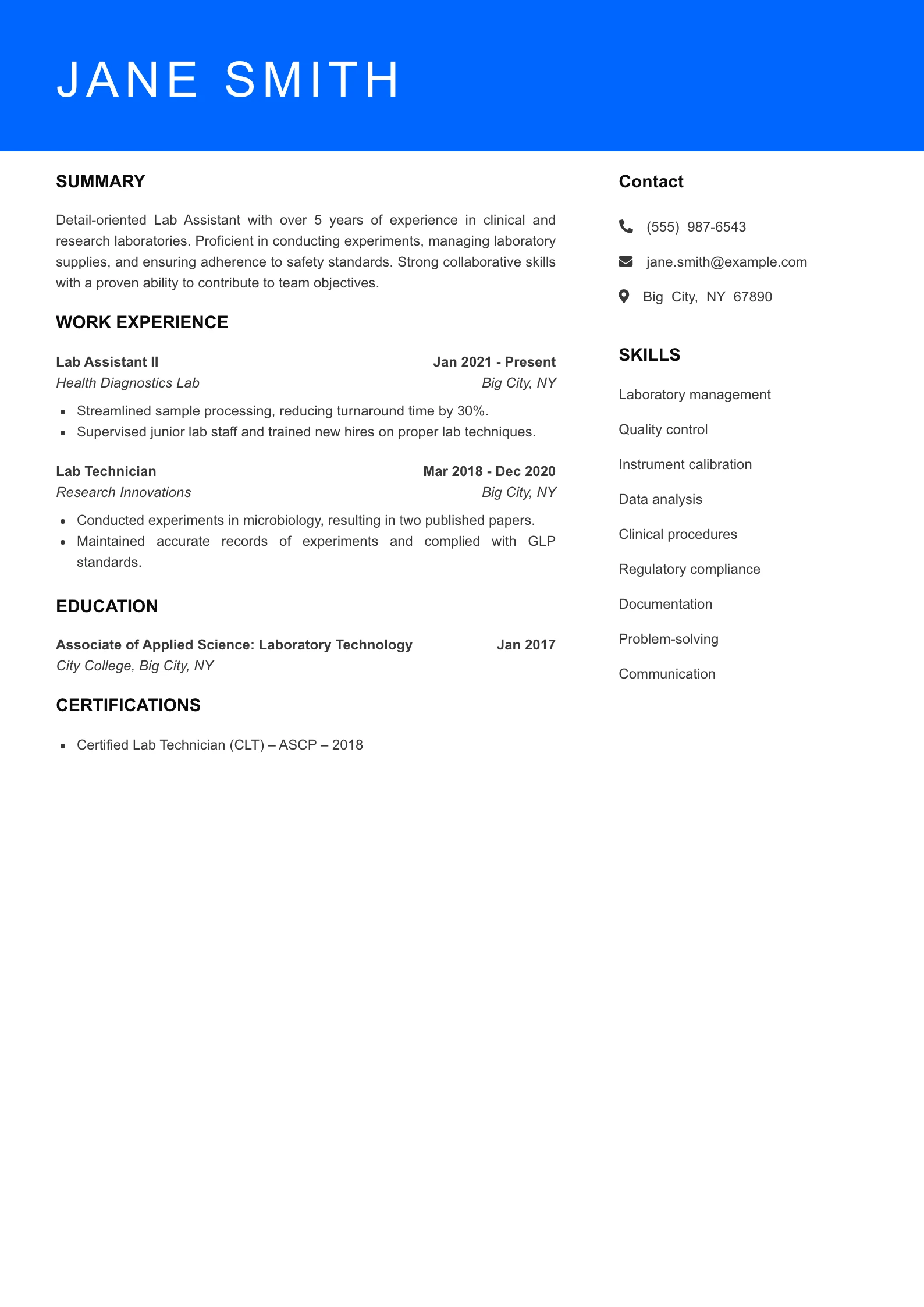 Mid Level Lab Assistant Resume Sample