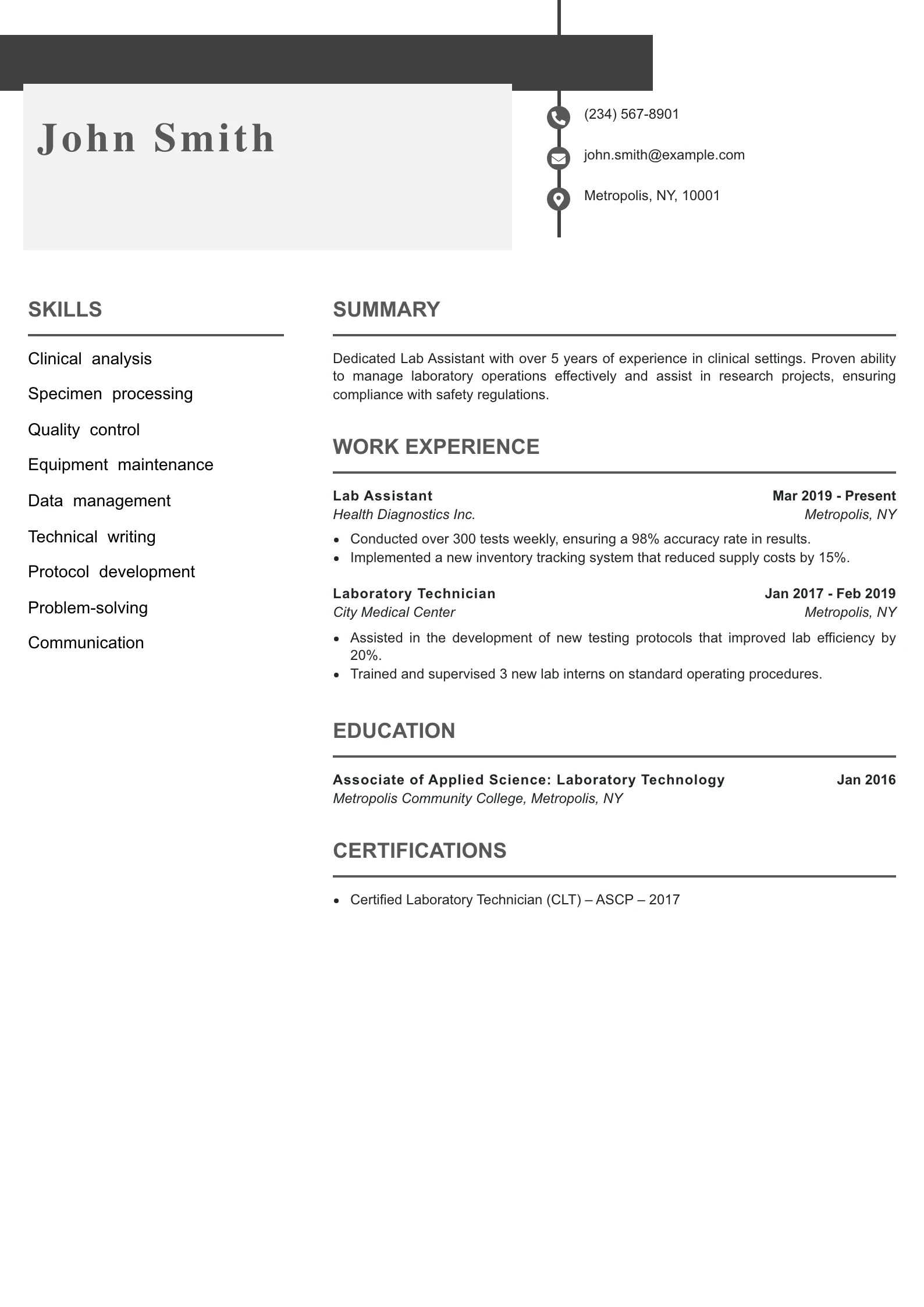 Mid Level Lab Assistant Resume Example