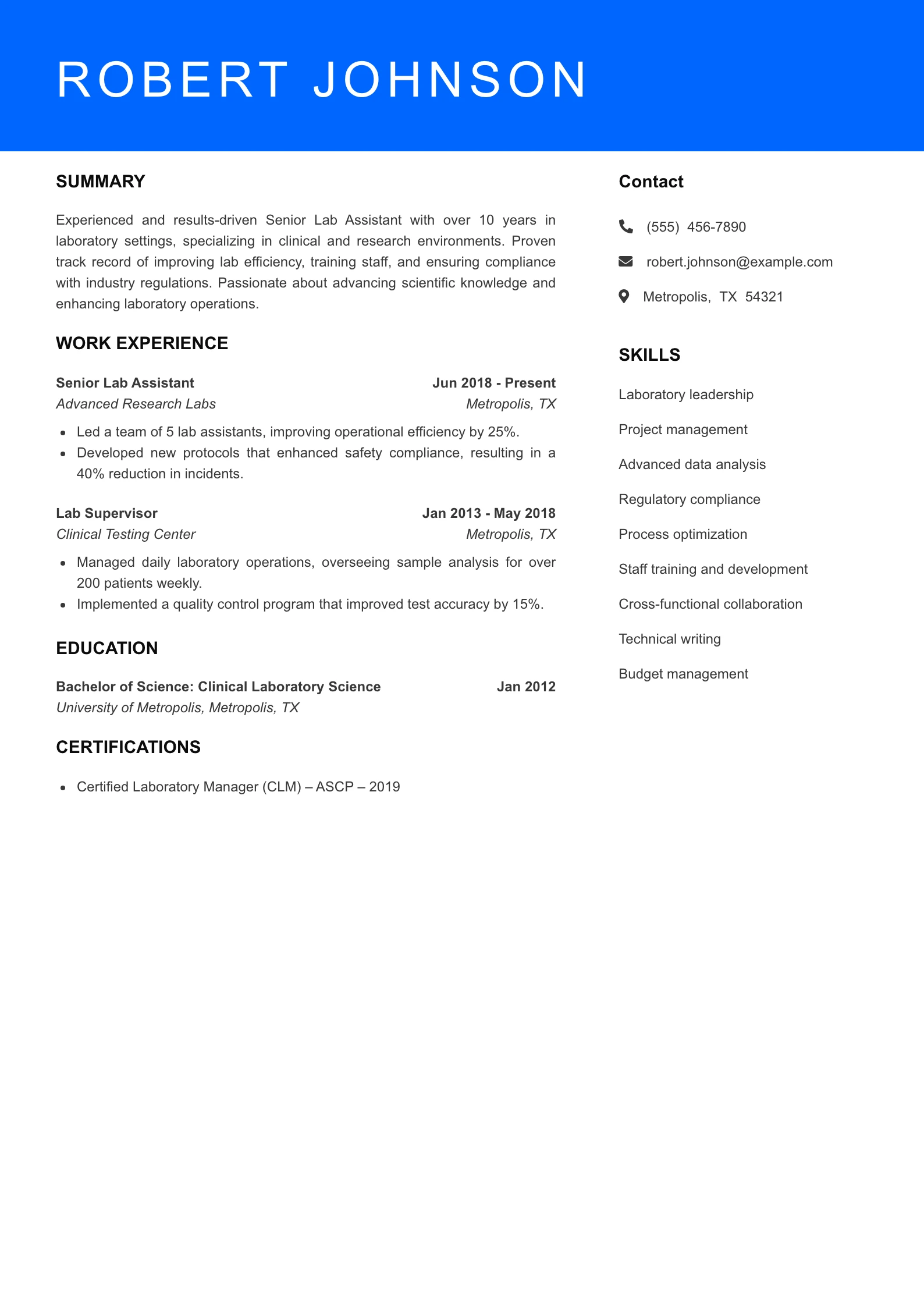 Senior Level Lab Assistant Resume Sample