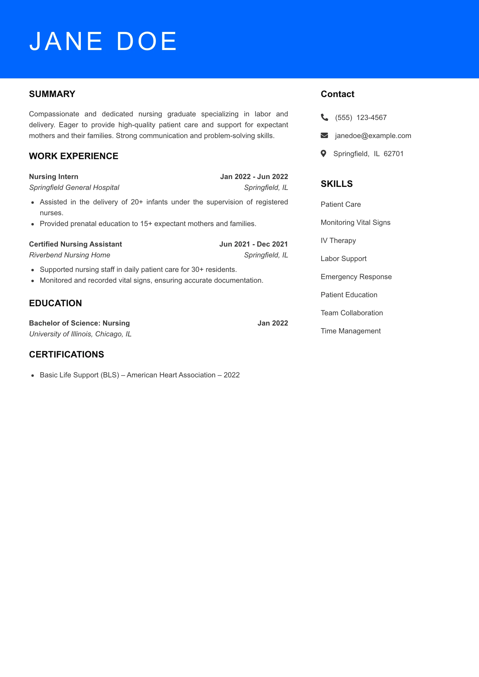 Selected Labor and Delivery Nurse Resume