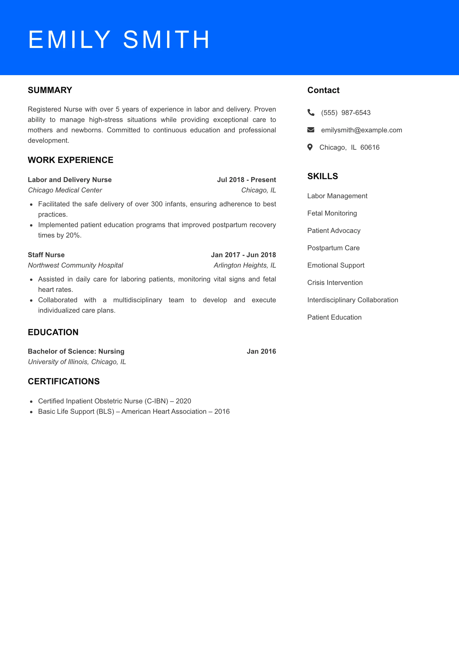 Mid Level Labor and Delivery Nurse Resume Sample