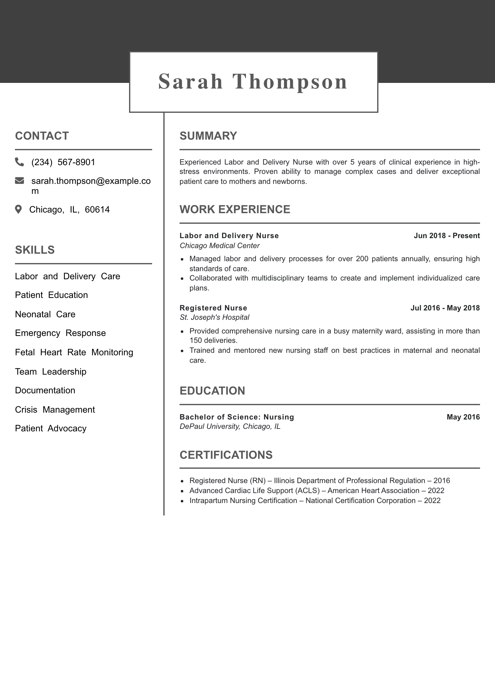Mid Level Labor and Delivery Nurse Resume Example