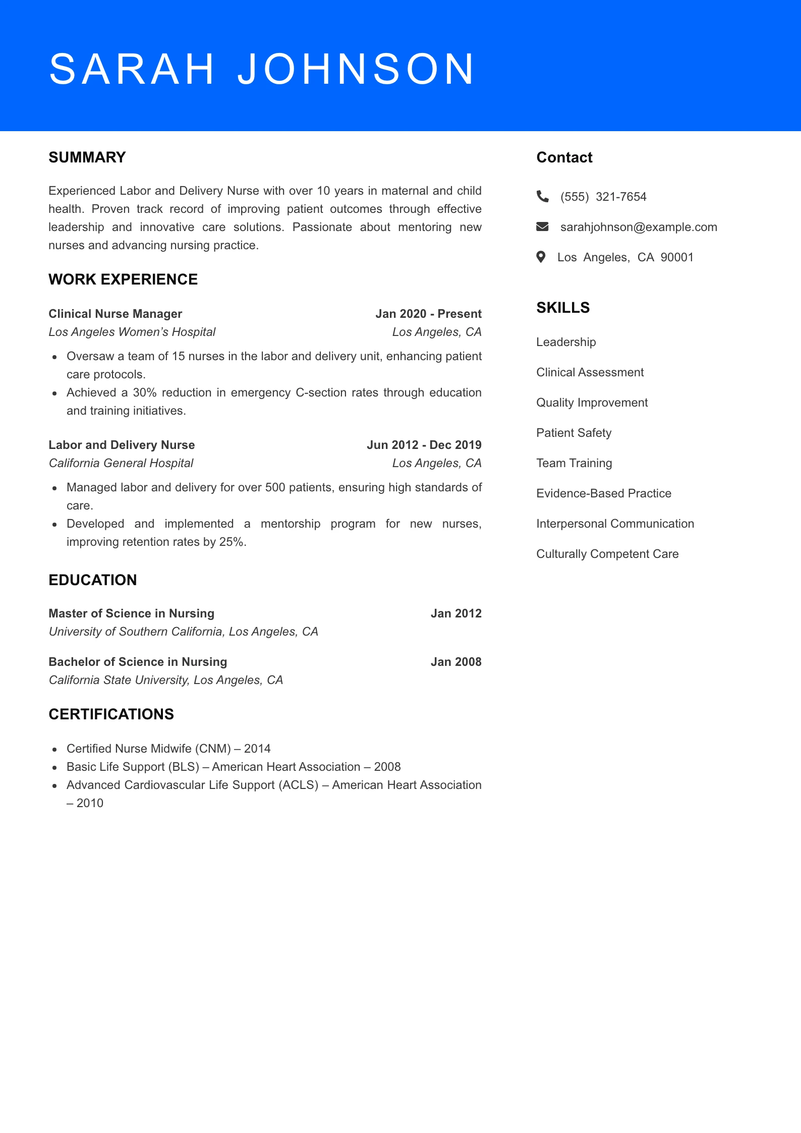 Senior Level Labor and Delivery Nurse Resume Sample