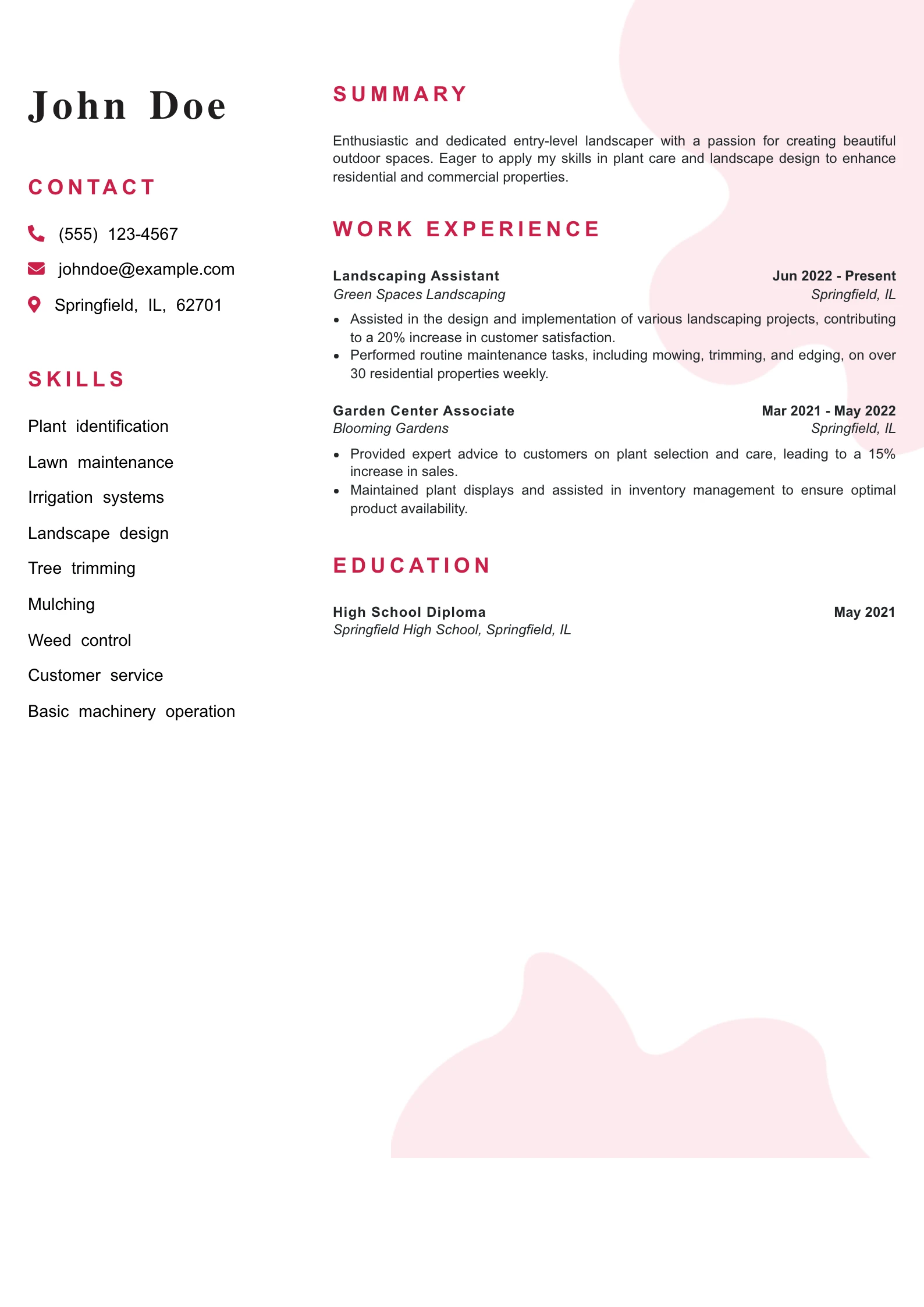 Entry Level Landscaper Resume Example