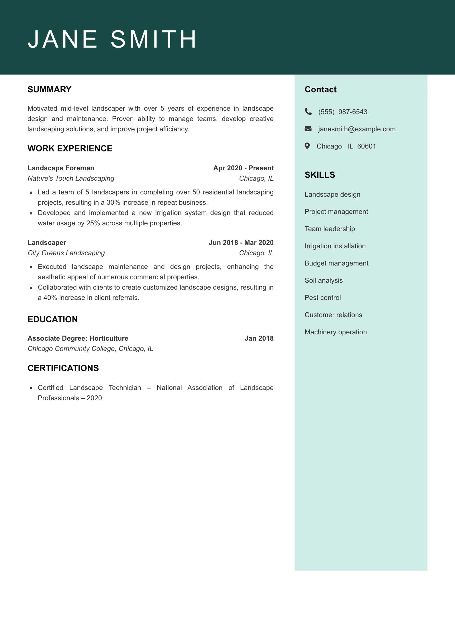 Mid Level Landscaper Resume Example