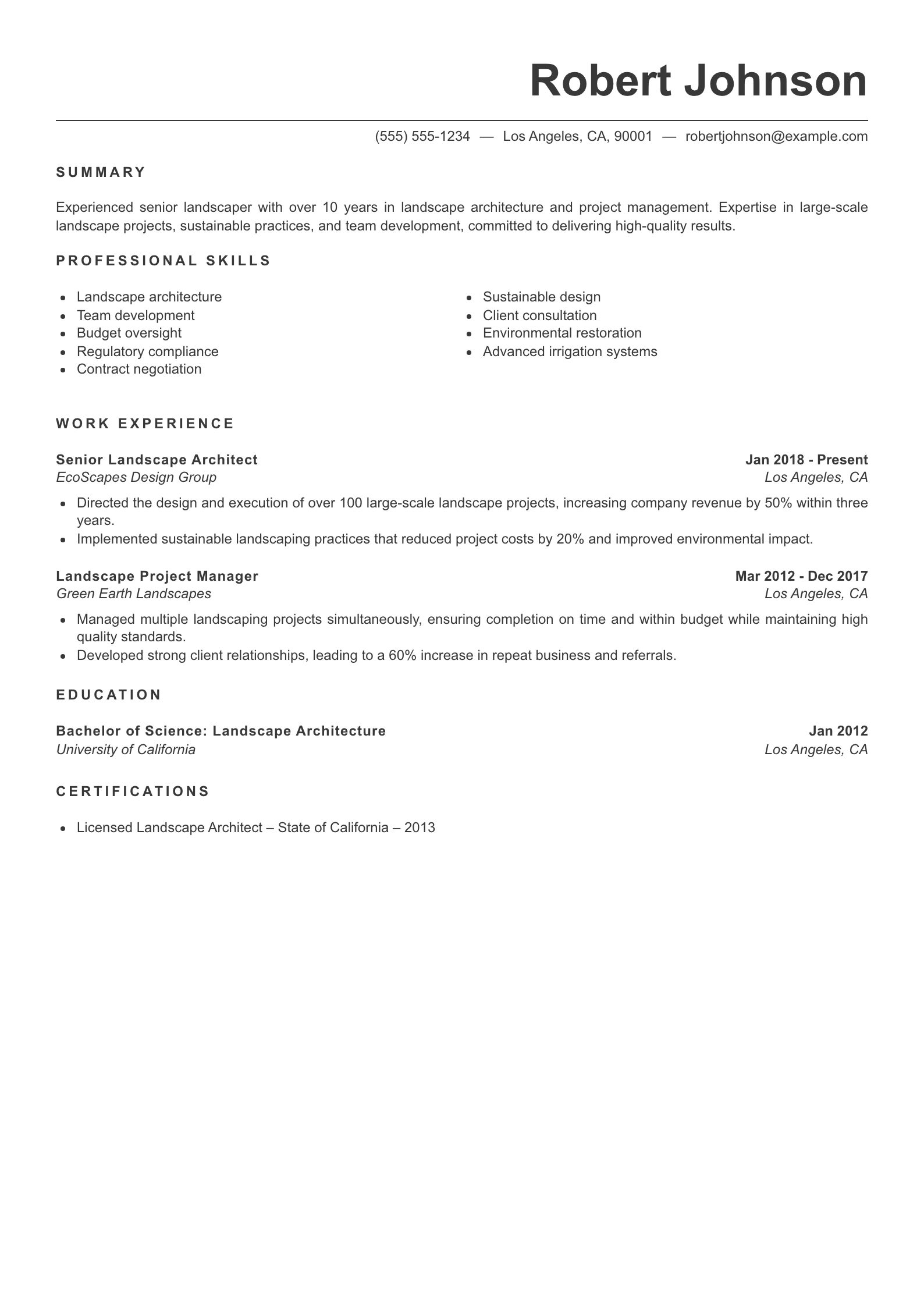 Senior Level Landscaper Resume Example