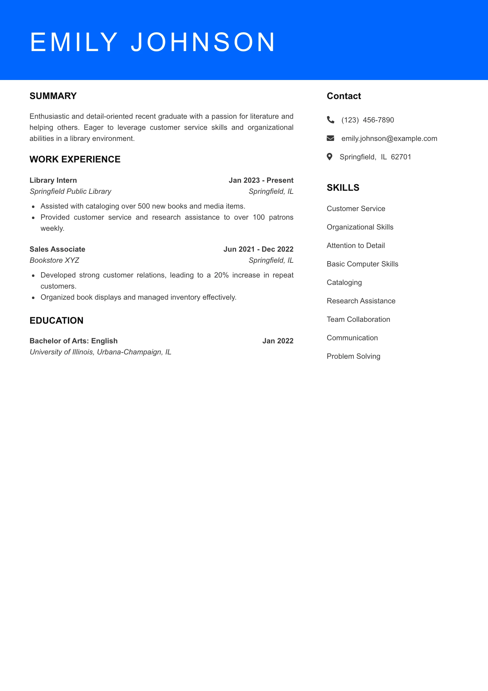 Selected Library Assistant Resume