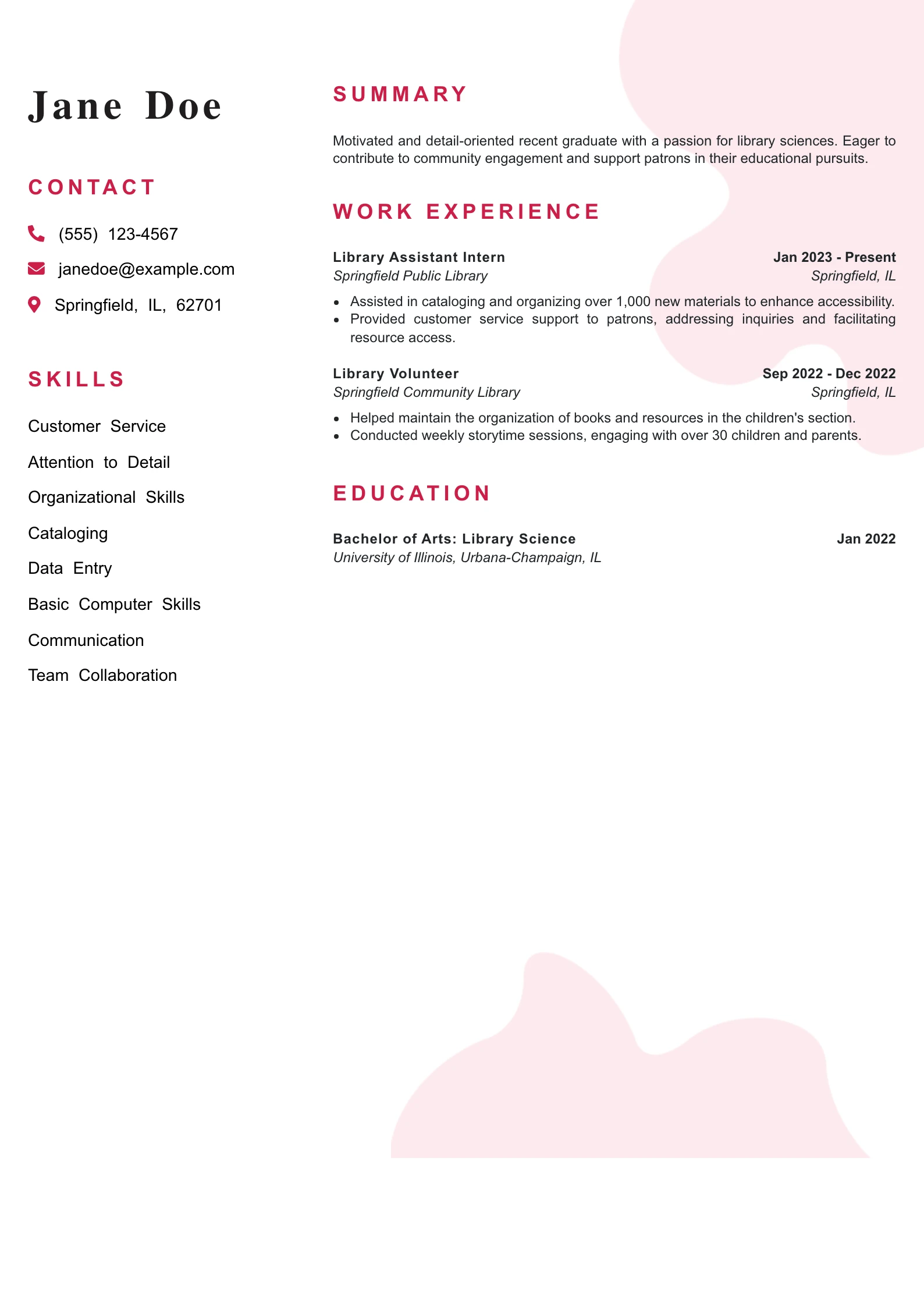 Entry Level Library Assistant Resume Example