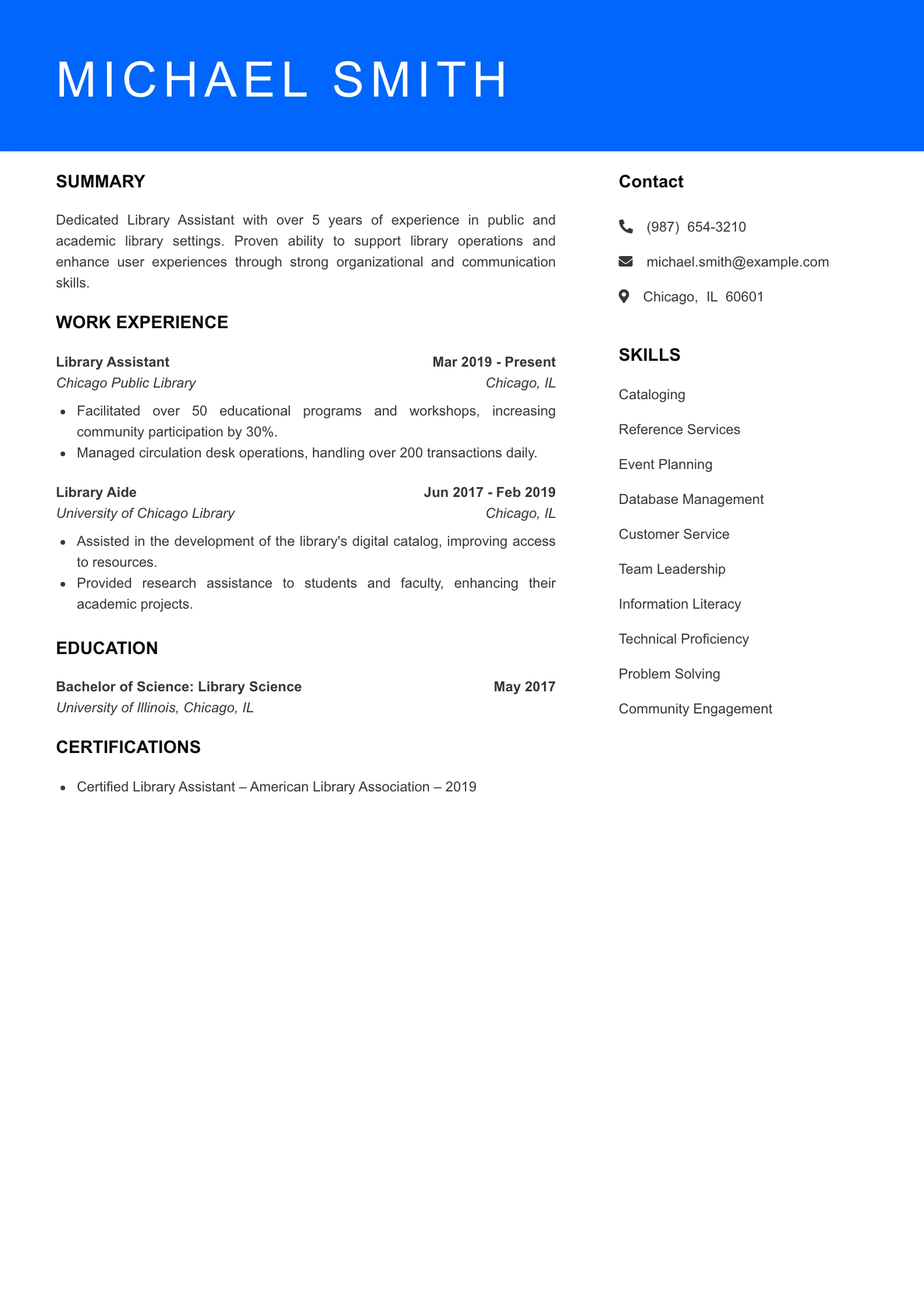 Mid Level Library Assistant Resume Sample