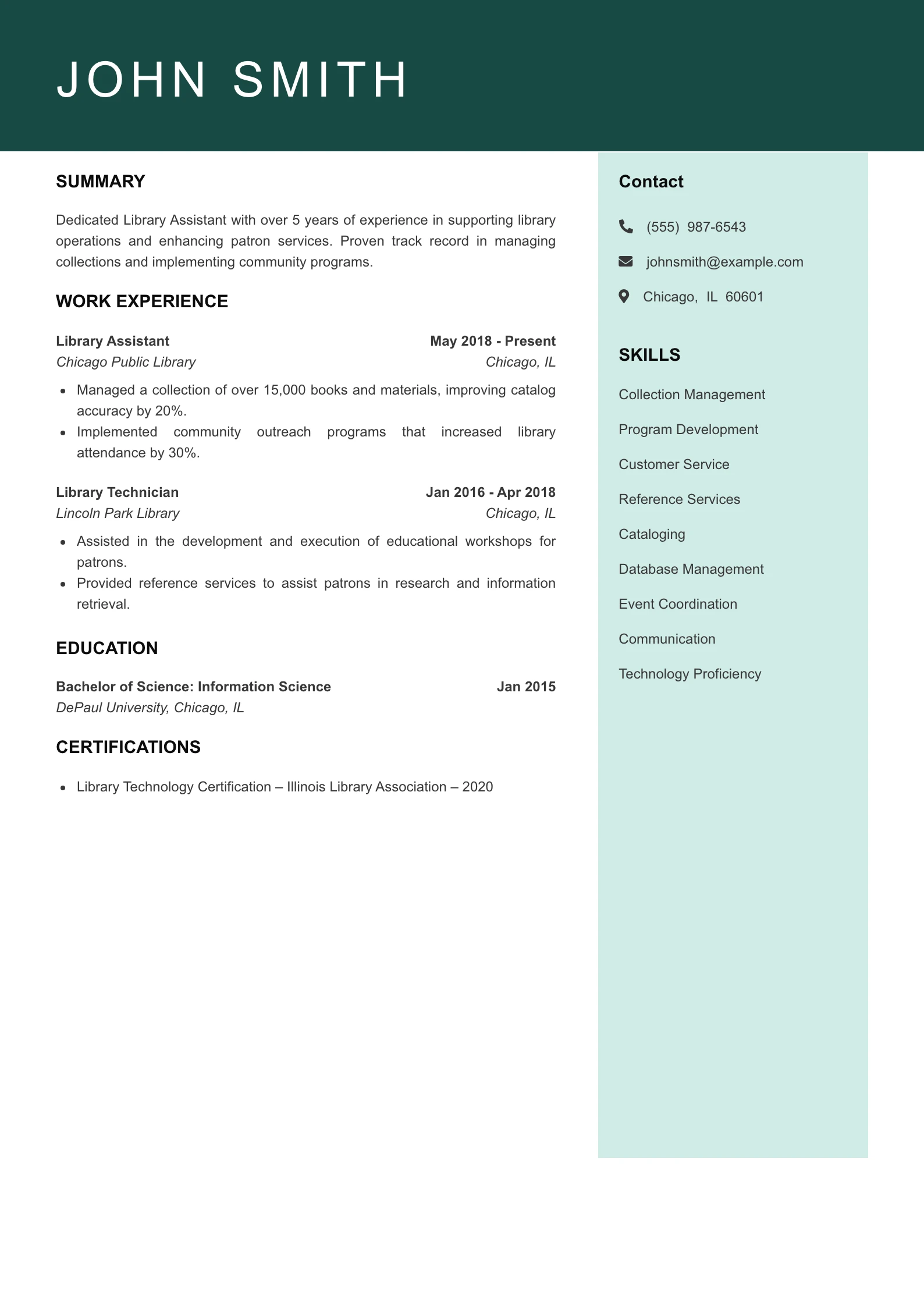 Mid Level Library Assistant Resume Example