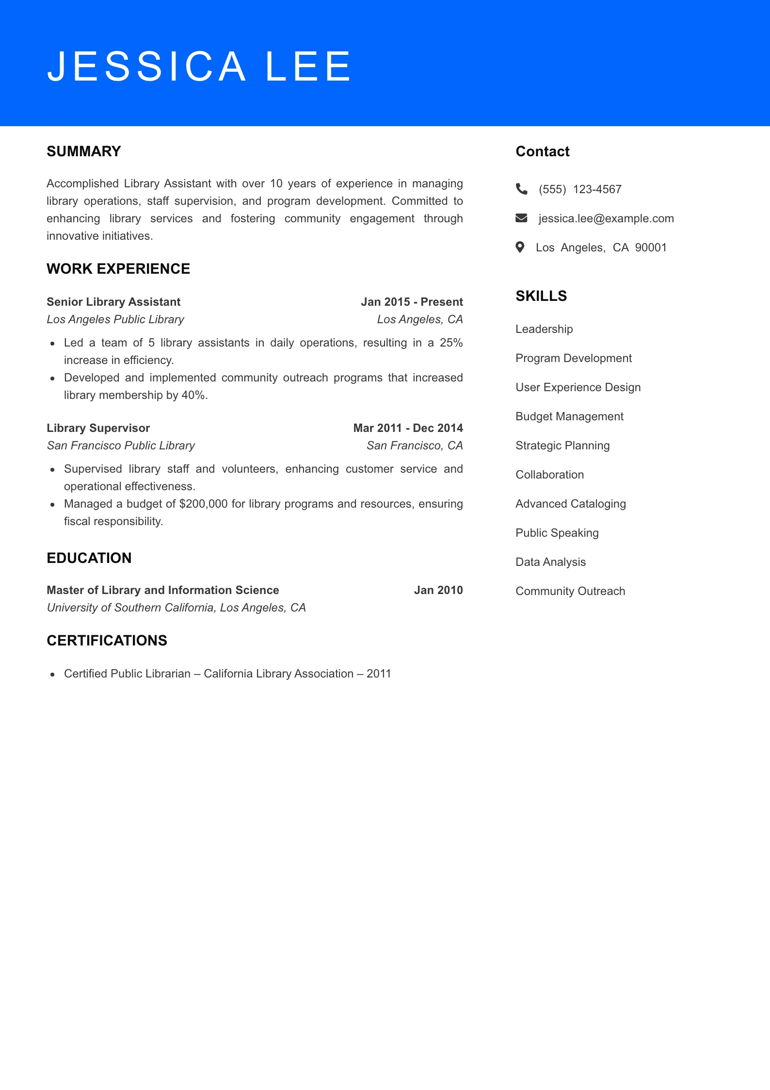 Senior Level Library Assistant Resume Sample