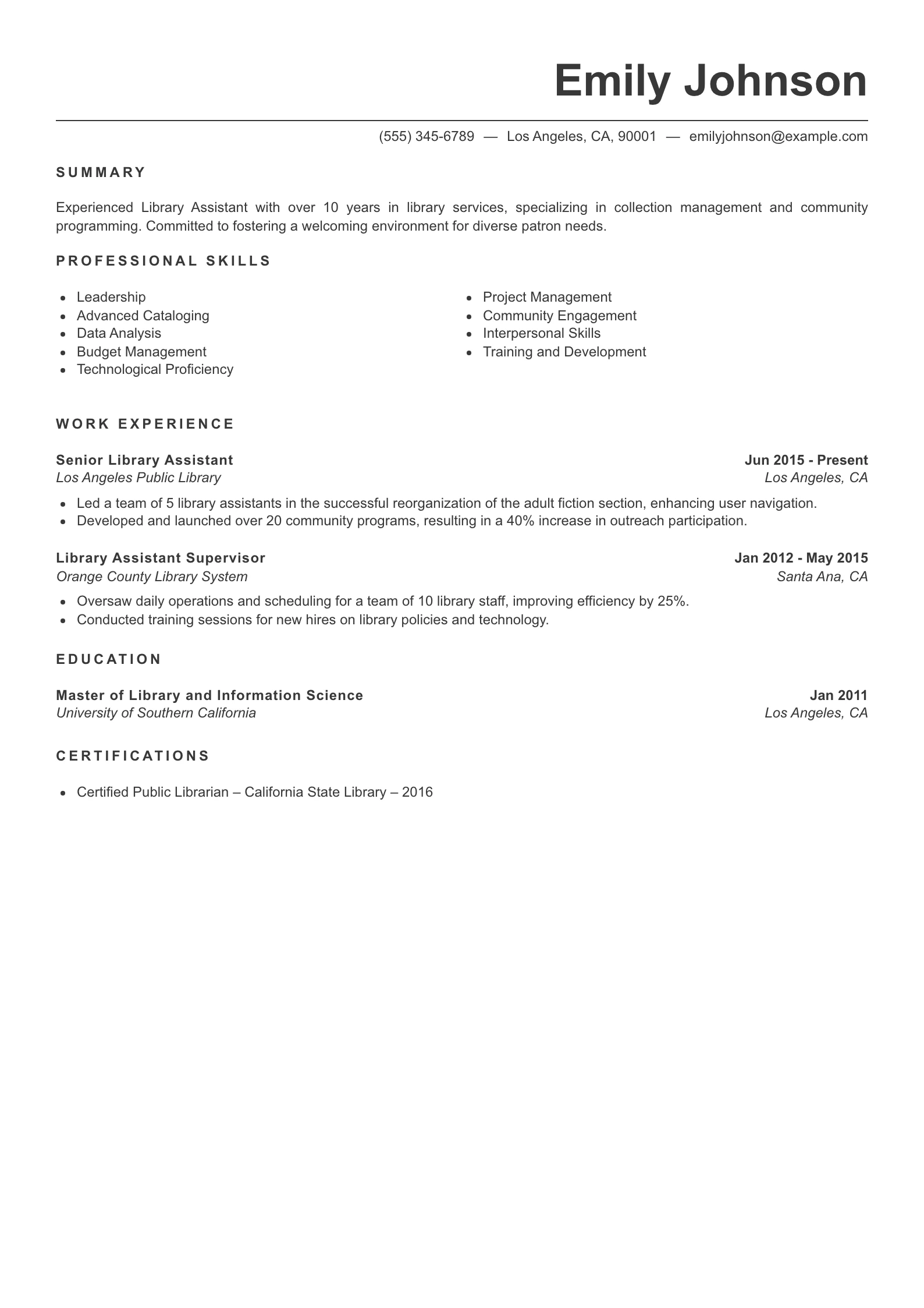 Senior Level Library Assistant Resume Example