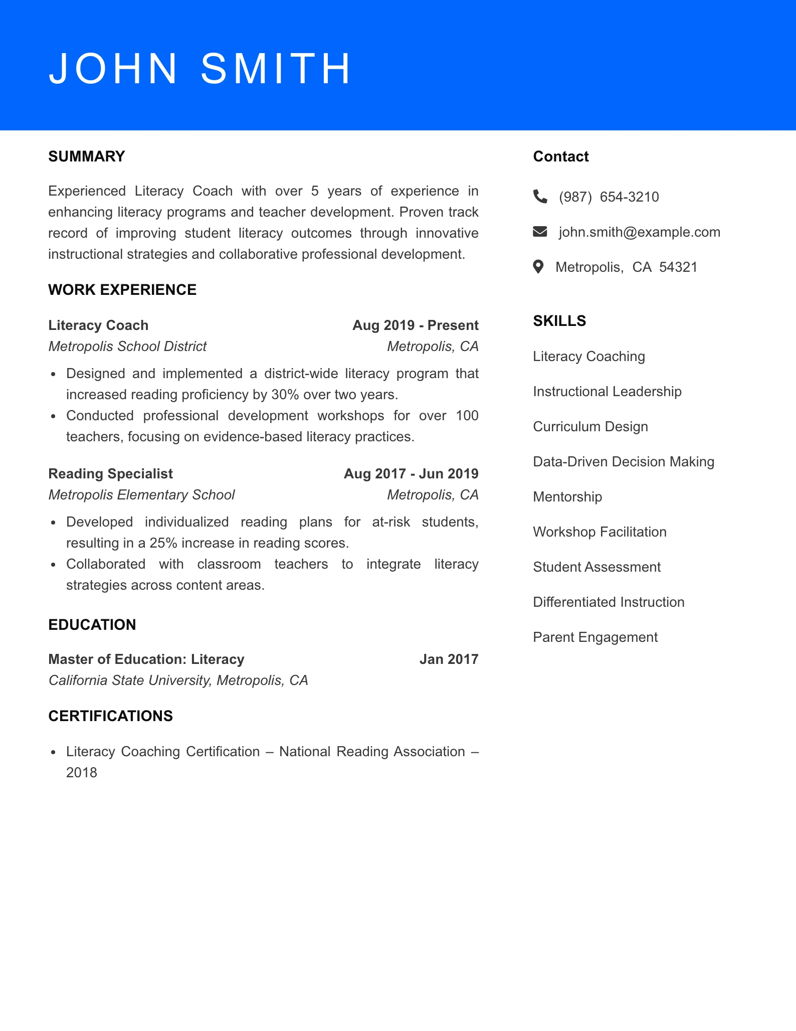 Mid Level Literacy Coach Resume Sample