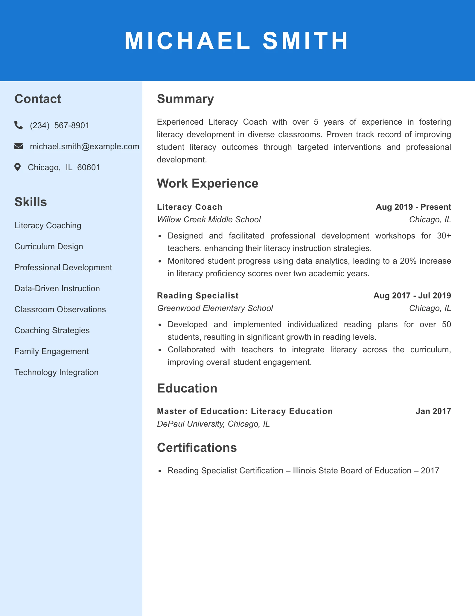 Mid Level Literacy Coach Resume Example