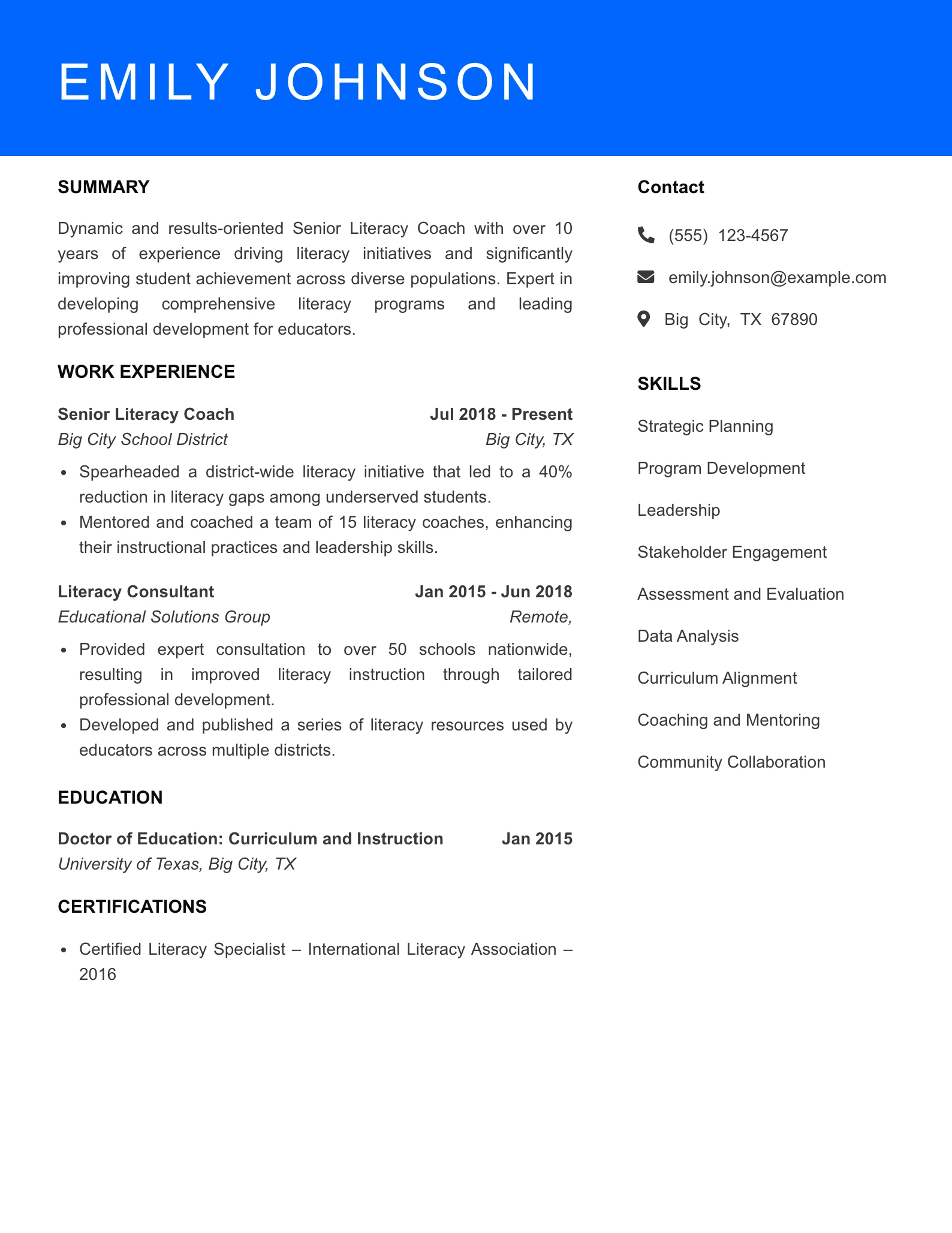 Senior Level Literacy Coach Resume Sample