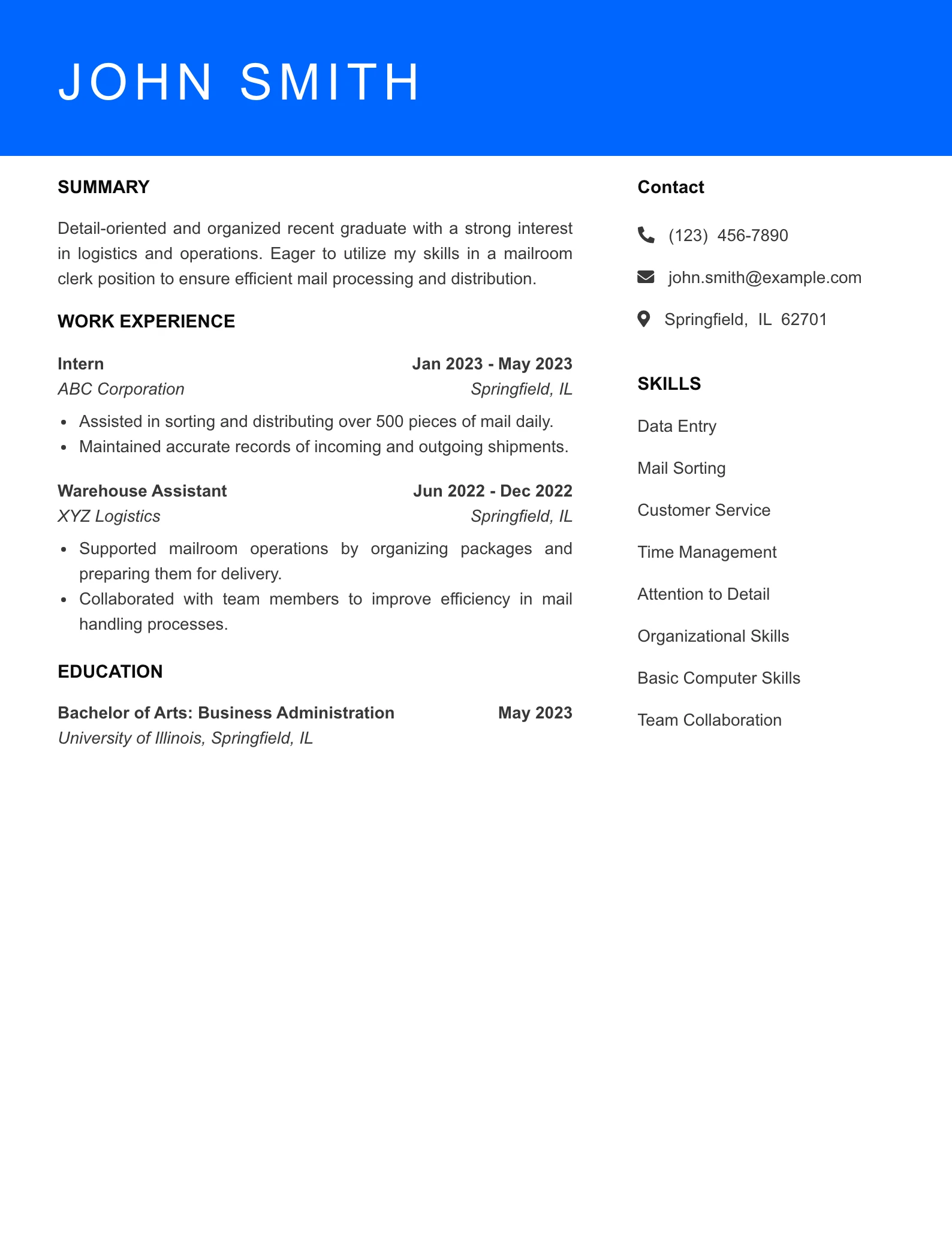 Selected Mailroom Clerk Resume