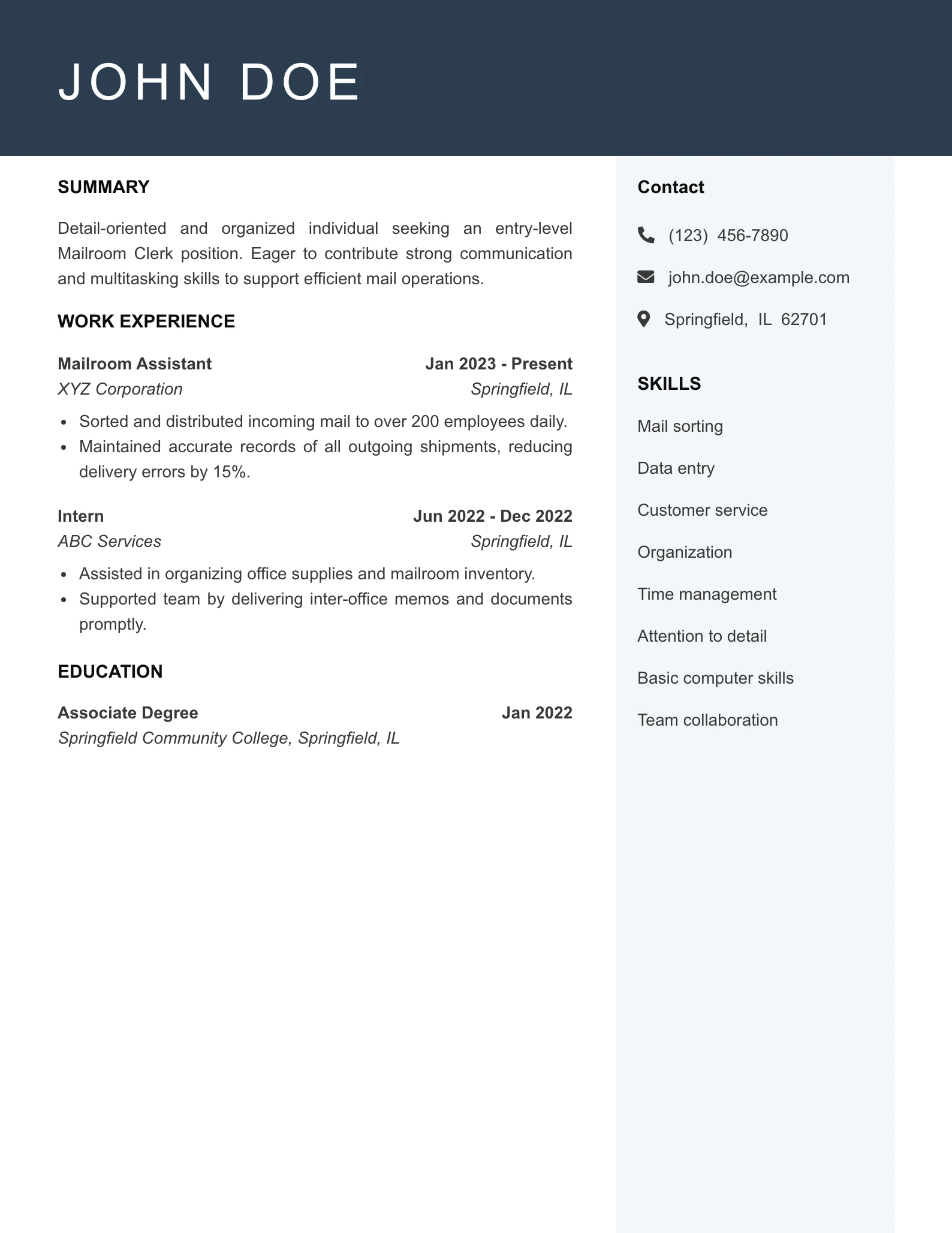 Entry Level Mailroom Clerk Resume Example