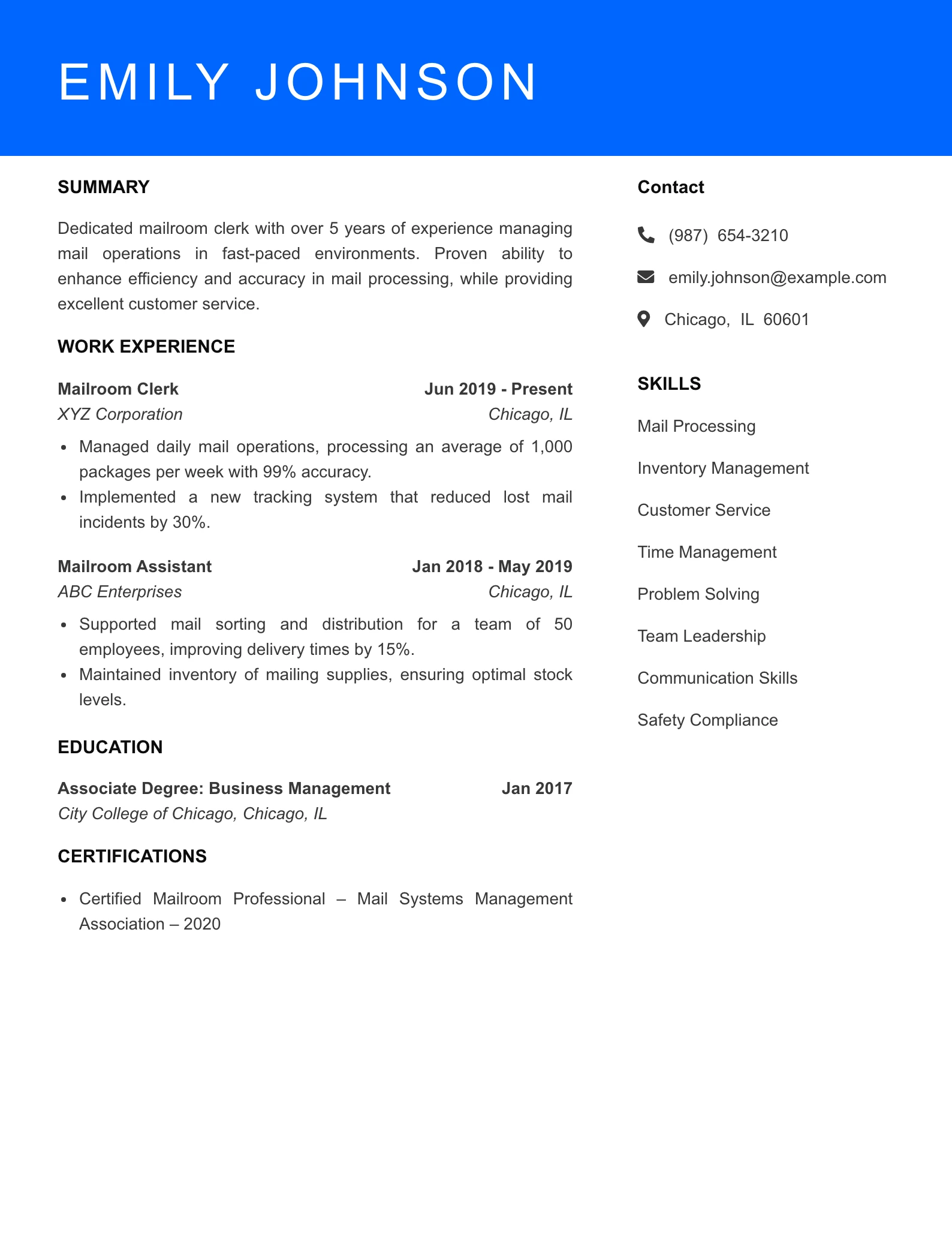 Mid Level Mailroom Clerk Resume Sample