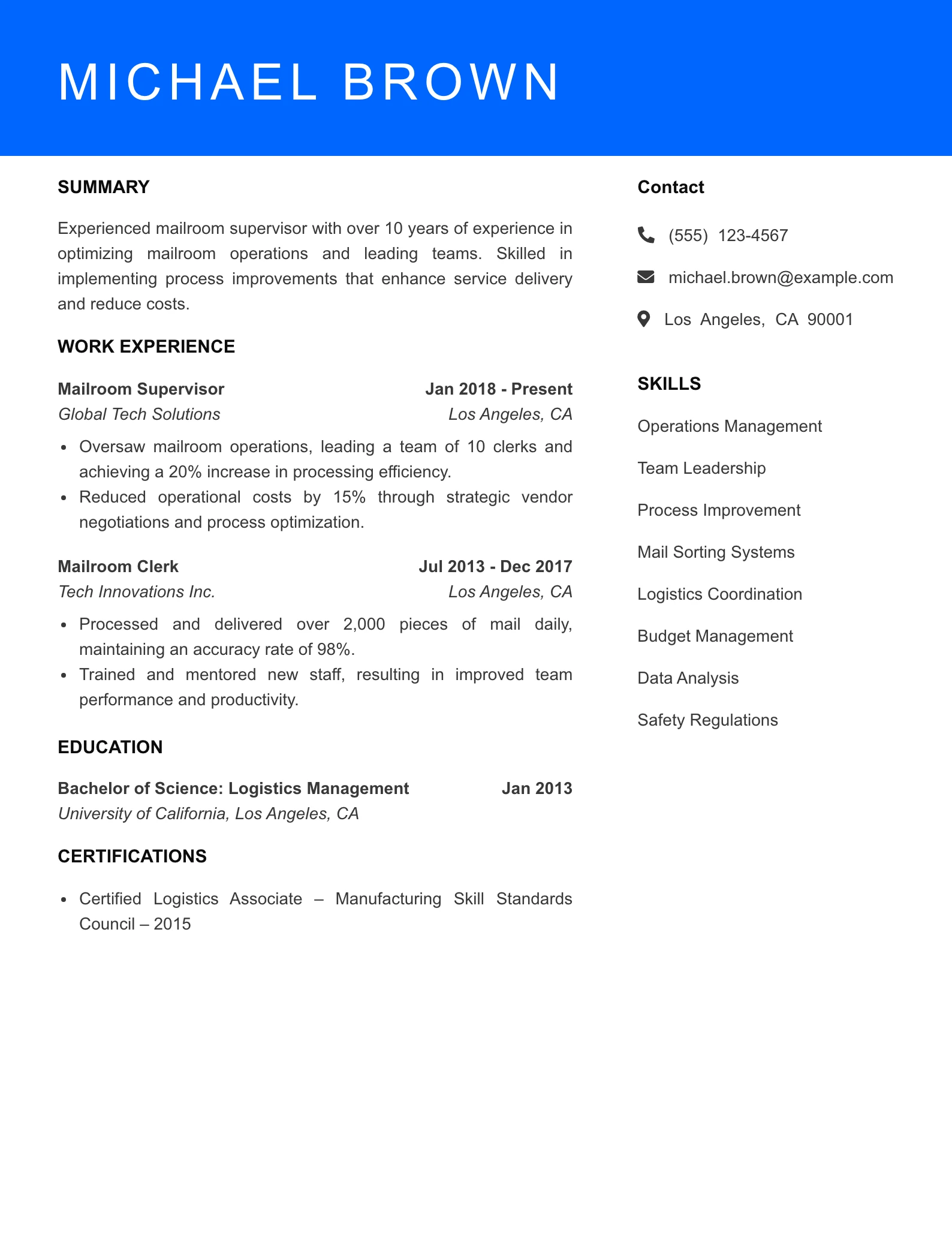 Senior Level Mailroom Clerk Resume Sample
