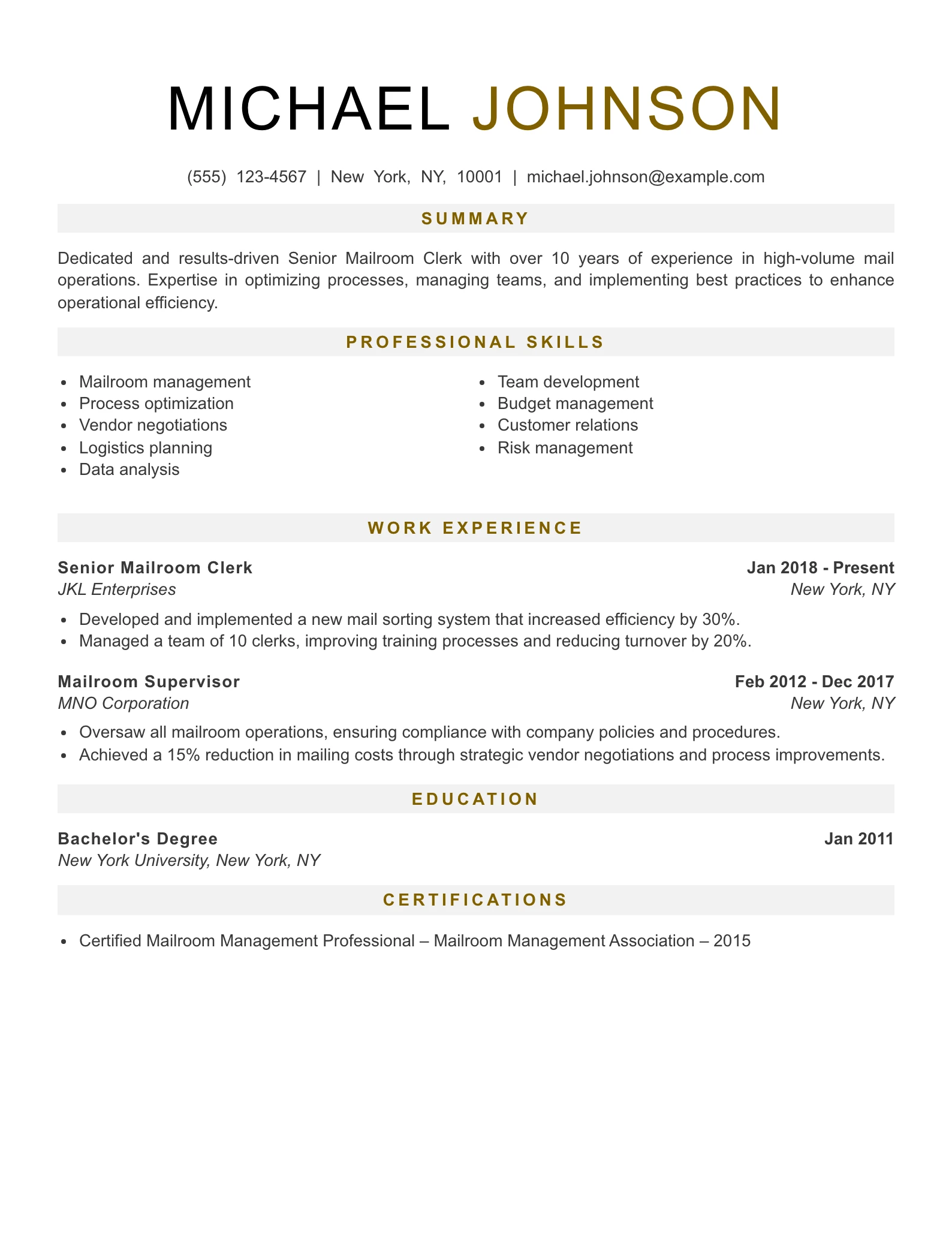 Senior Level Mailroom Clerk Resume Example