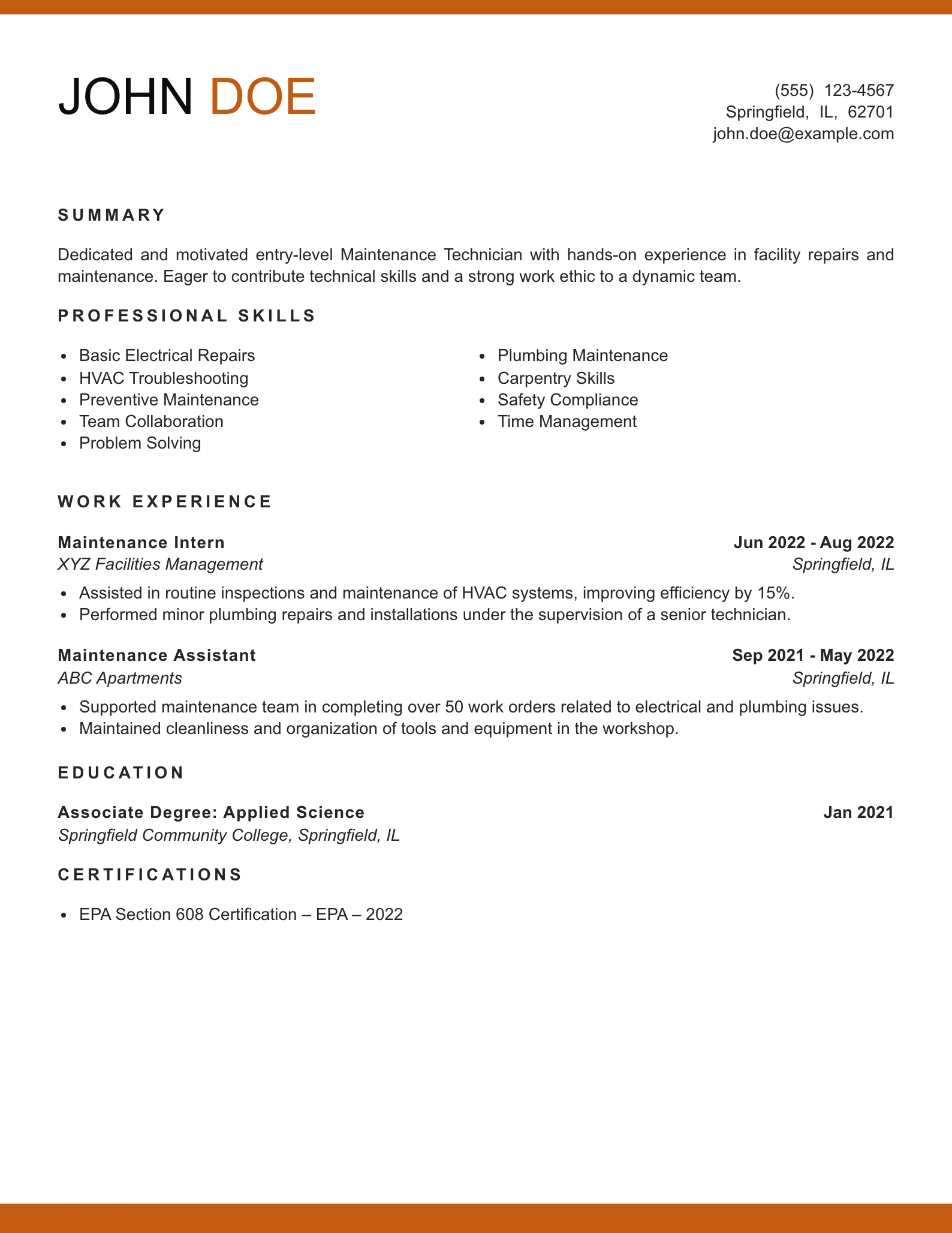 Entry Level Maintenance Technician Resume Example